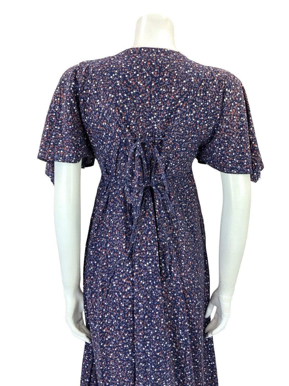 VTG 60S 70S BLUE PINK BROWN FLORAL BOHO FLARED EMPIRE BIB SMOCK DRESS 8