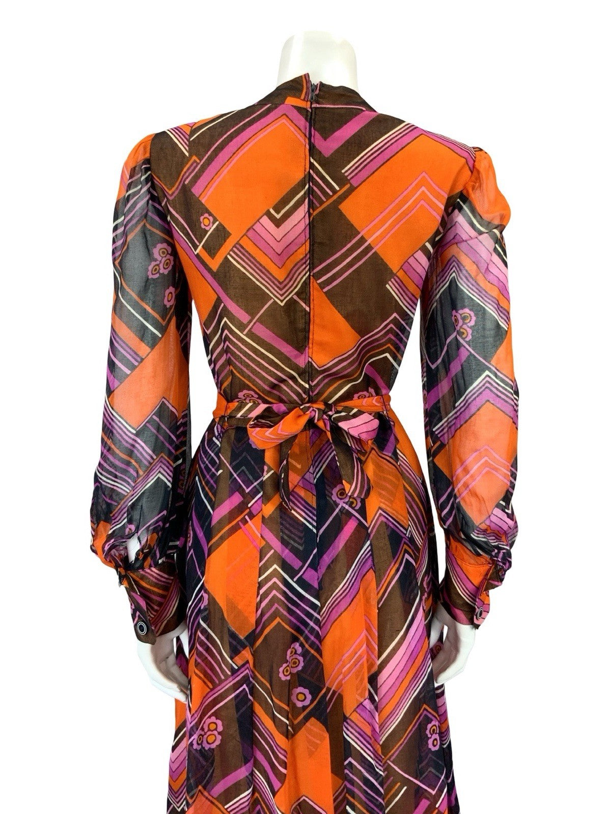 VTG 60S ORANGE BLACK PURPLE MOD CHEVRON ZIG ZAG BELTED PLEAT MESH DRESS 10