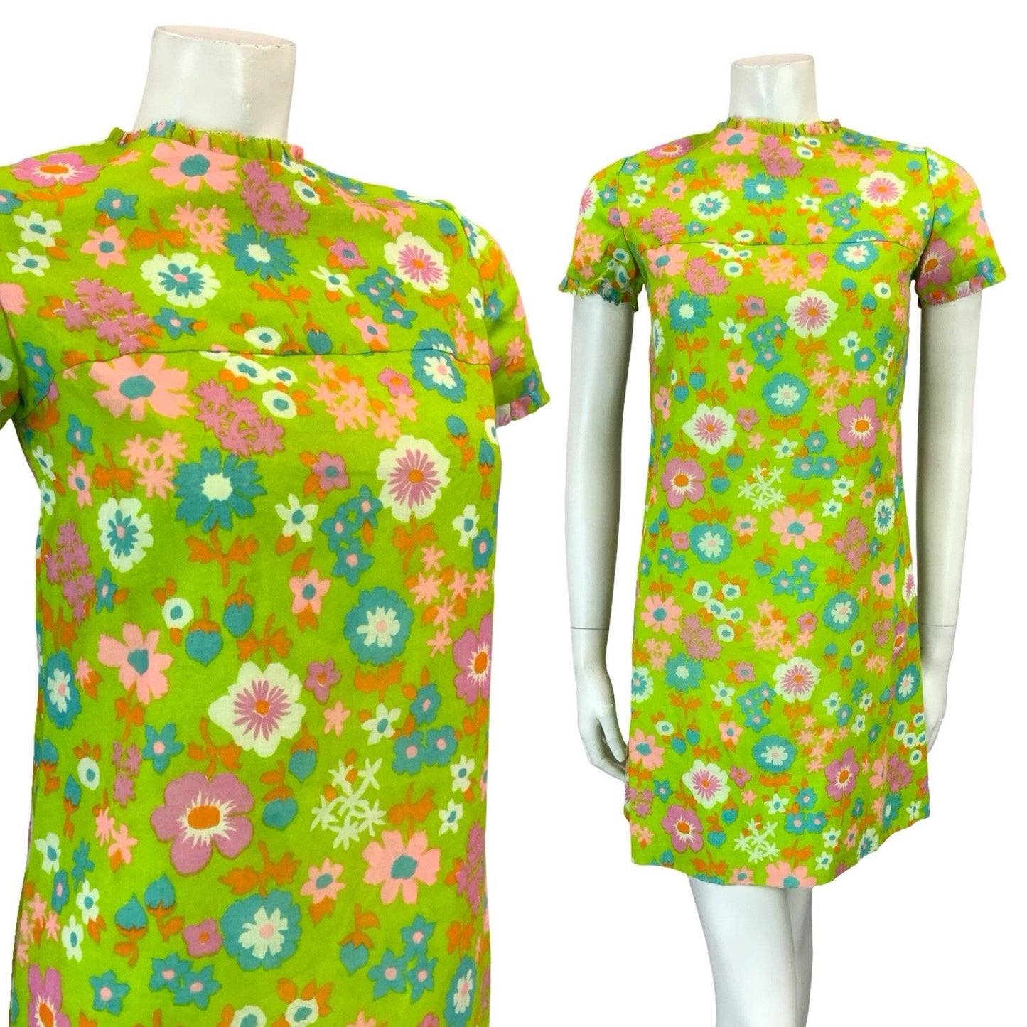 VTG 60S GREEN PINK PURPLE BLUE ORANGE FLORAL MOD FLORAL RUFFLE SHIFT DRESS XS 6