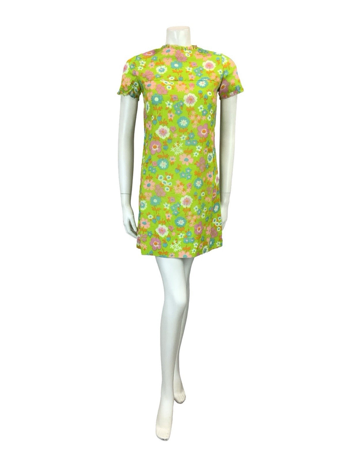 VTG 60S GREEN PINK PURPLE BLUE ORANGE FLORAL MOD FLORAL RUFFLE SHIFT DRESS XS 6