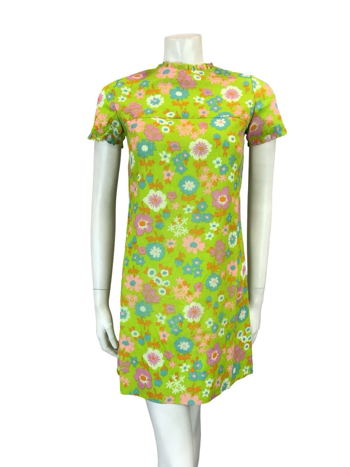 VTG 60S GREEN PINK PURPLE BLUE ORANGE FLORAL MOD FLORAL RUFFLE SHIFT DRESS XS 6