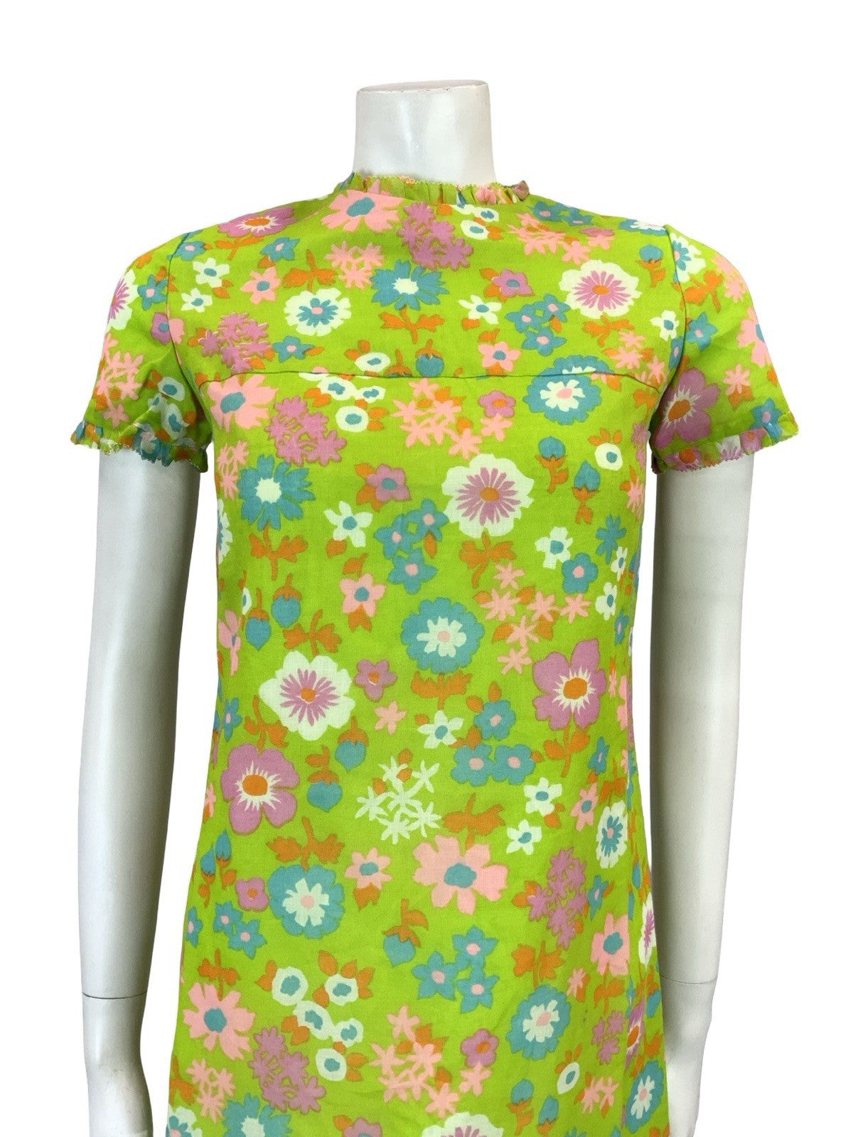 VTG 60S GREEN PINK PURPLE BLUE ORANGE FLORAL MOD FLORAL RUFFLE SHIFT DRESS XS 6