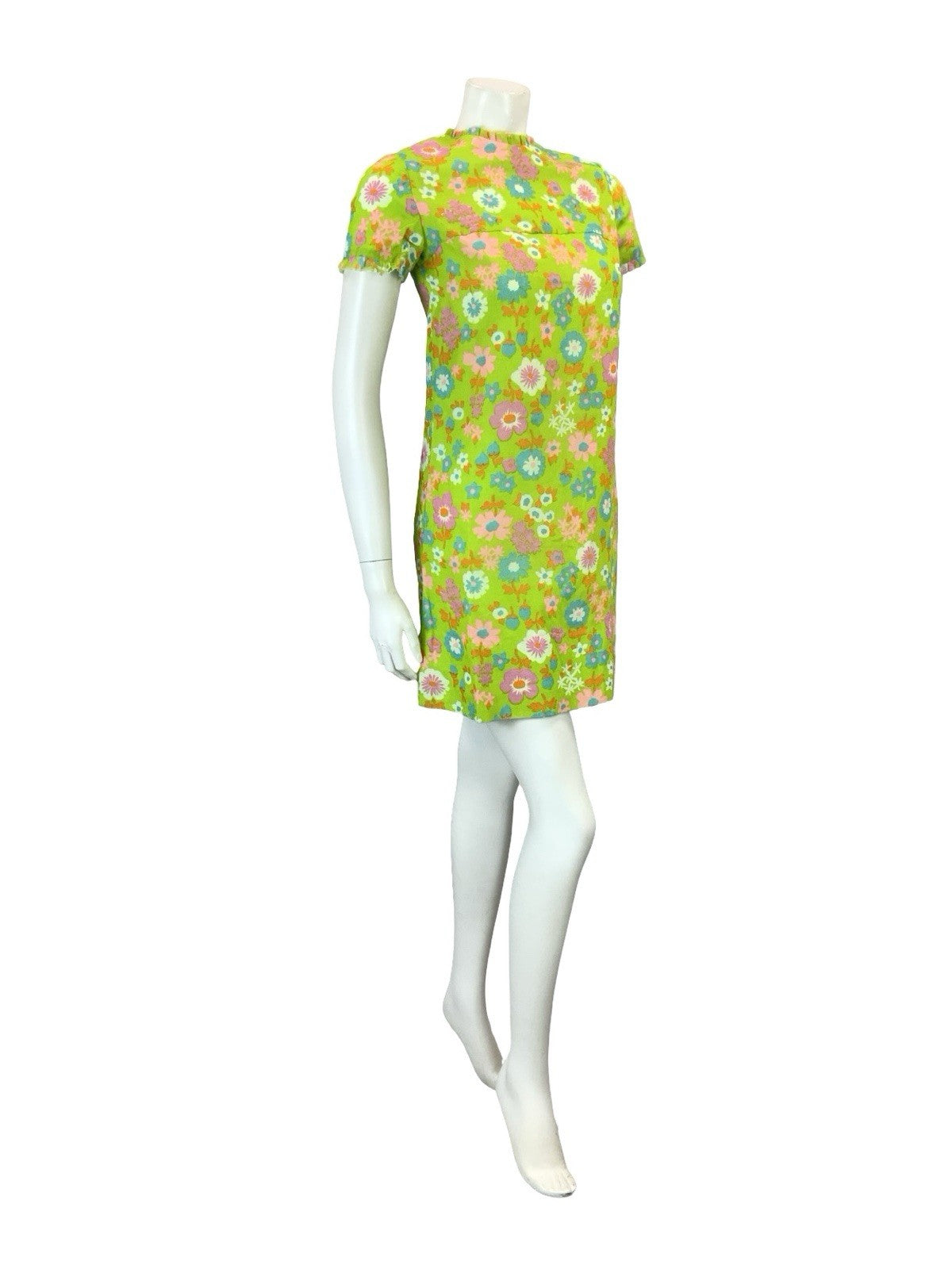VTG 60S GREEN PINK PURPLE BLUE ORANGE FLORAL MOD FLORAL RUFFLE SHIFT DRESS XS 6