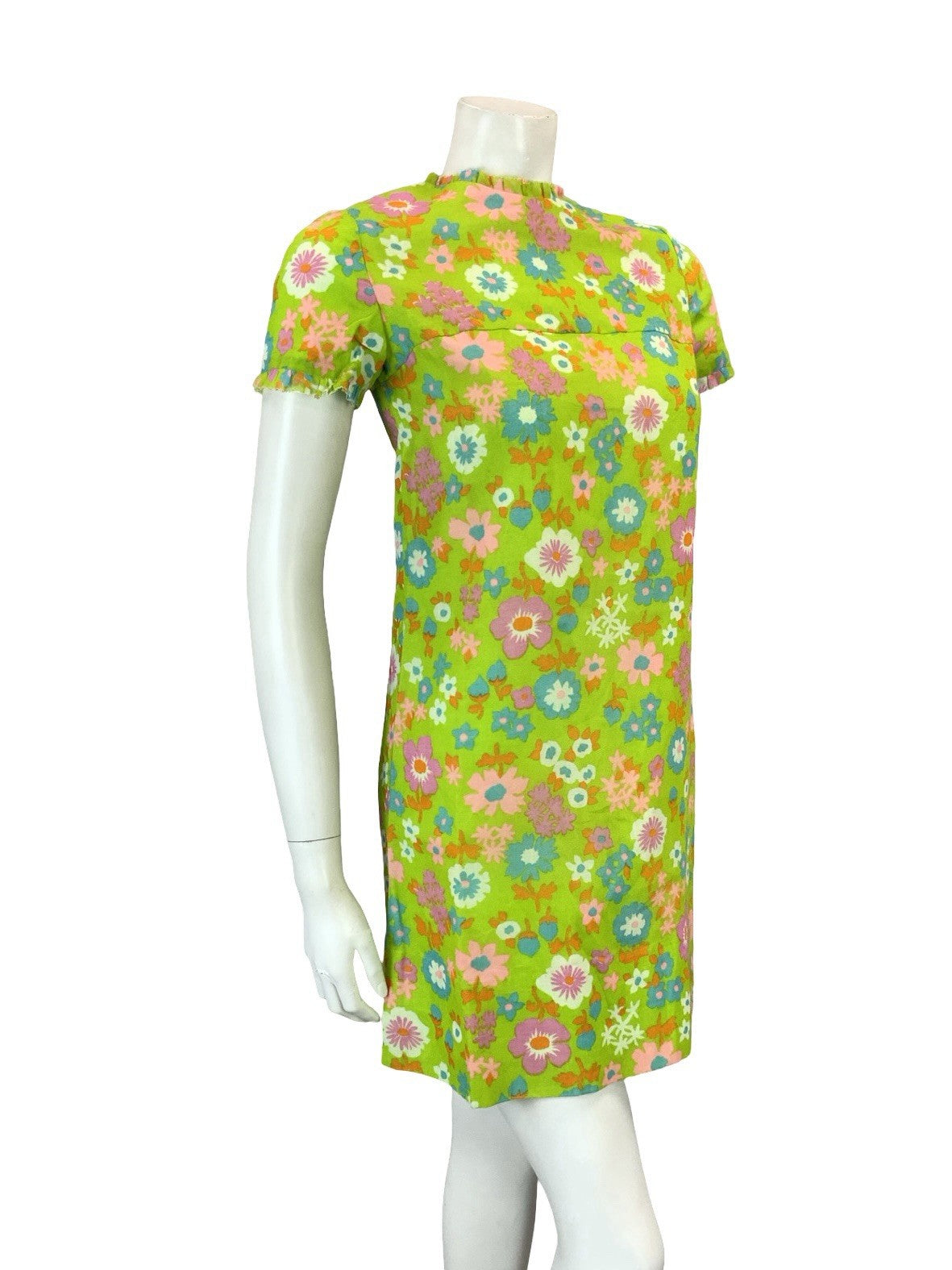 VTG 60S GREEN PINK PURPLE BLUE ORANGE FLORAL MOD FLORAL RUFFLE SHIFT DRESS XS 6