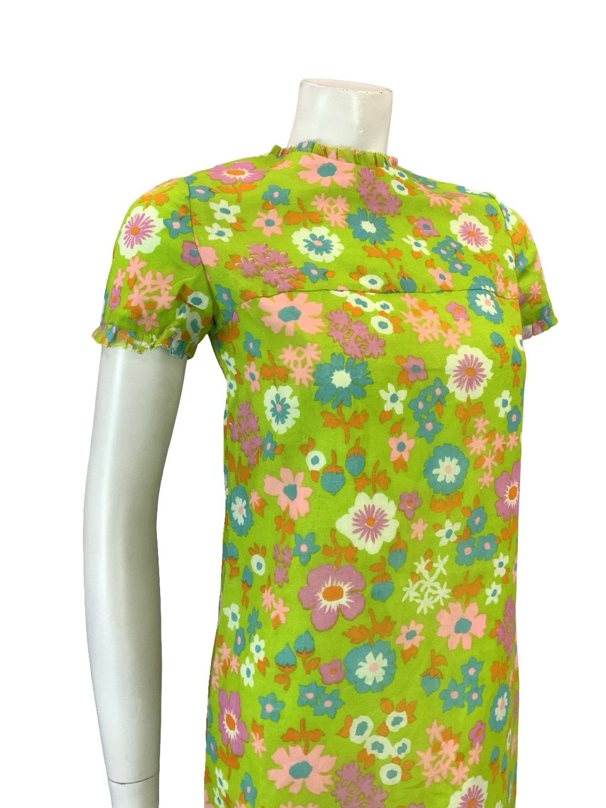 VTG 60S GREEN PINK PURPLE BLUE ORANGE FLORAL MOD FLORAL RUFFLE SHIFT DRESS XS 6