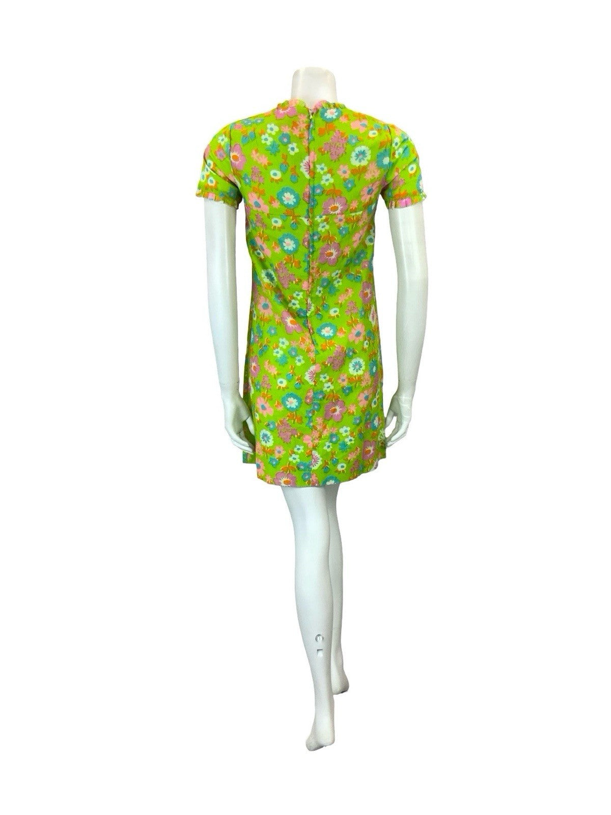 VTG 60S GREEN PINK PURPLE BLUE ORANGE FLORAL MOD FLORAL RUFFLE SHIFT DRESS XS 6