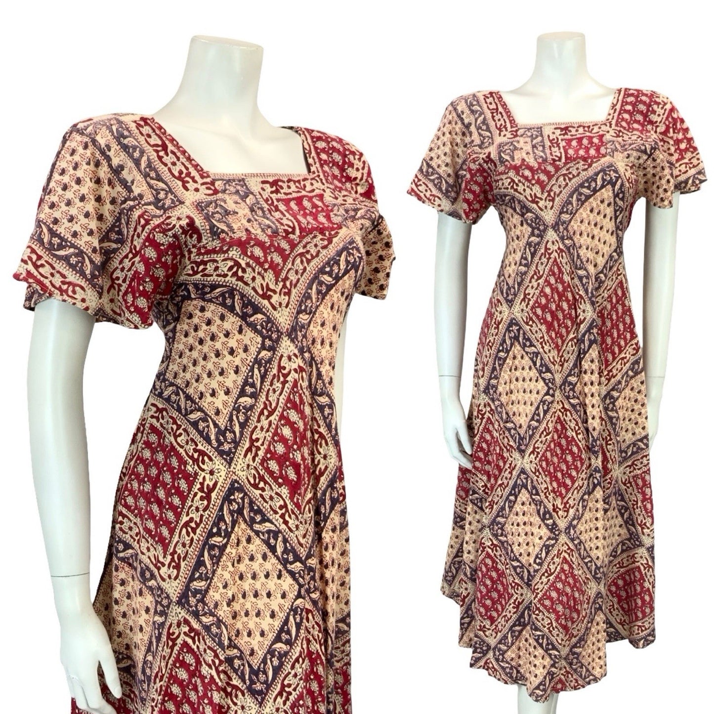 VTG 60S 70S CREAM BLUE RED BIRD FLORAL BOHO COTTON EMPIRE SMOCK FLARE DRESS 6