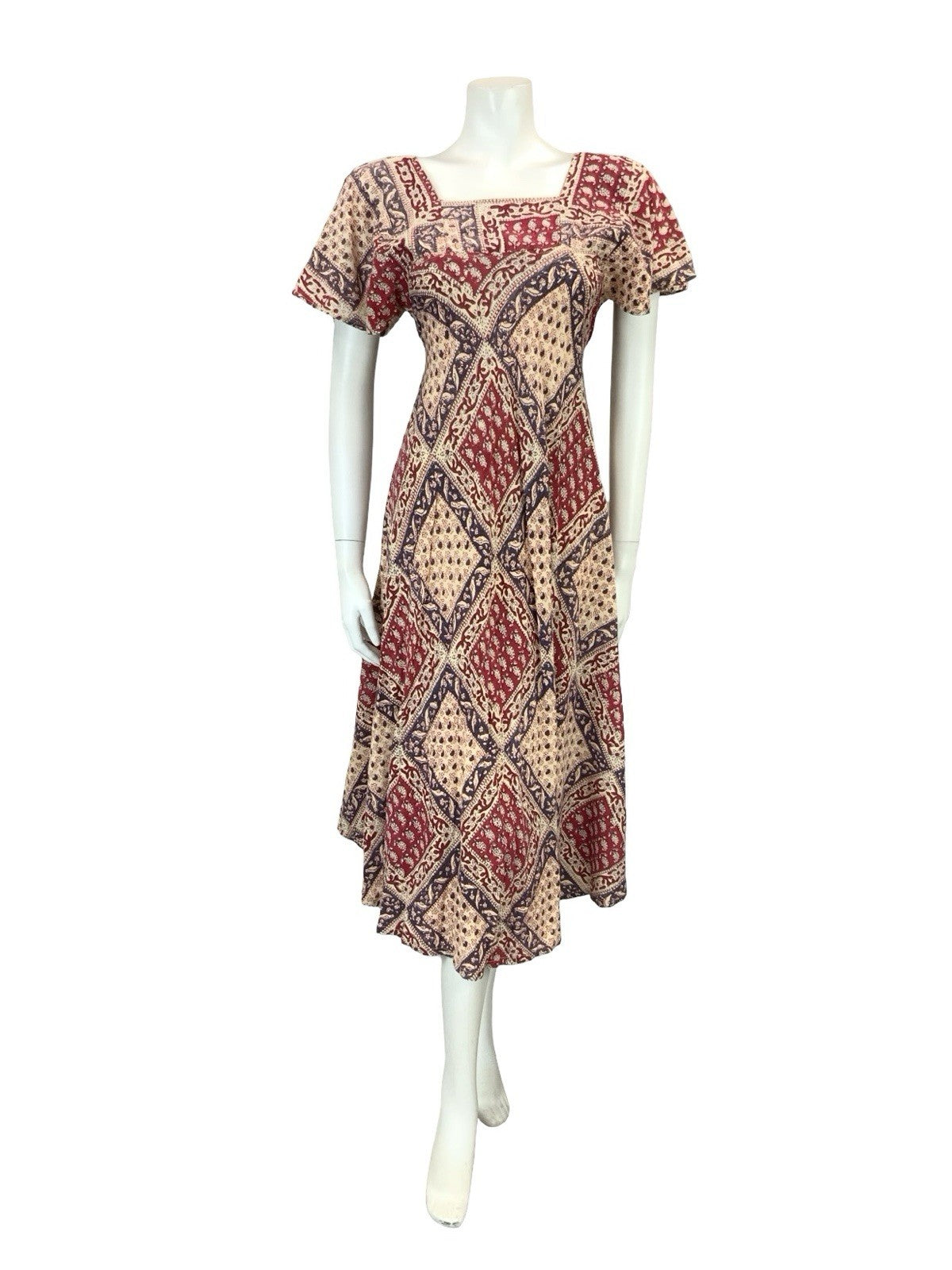 VTG 60S 70S CREAM BLUE RED BIRD FLORAL BOHO COTTON EMPIRE SMOCK FLARE DRESS 6