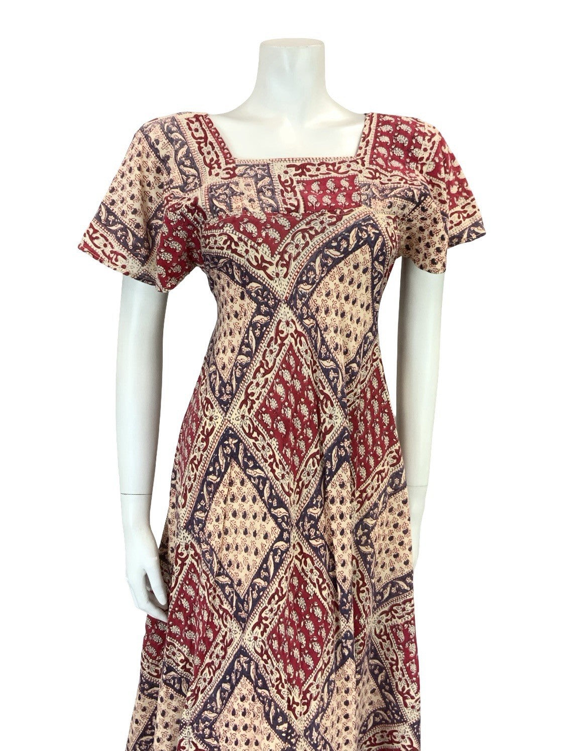 VTG 60S 70S CREAM BLUE RED BIRD FLORAL BOHO COTTON EMPIRE SMOCK FLARE DRESS 6