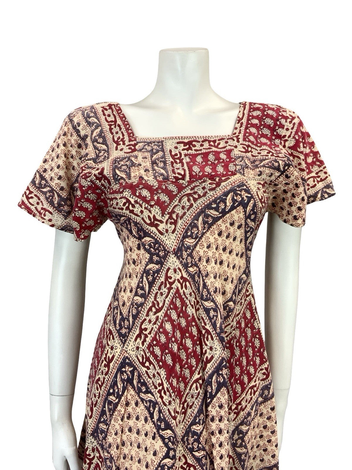 VTG 60S 70S CREAM BLUE RED BIRD FLORAL BOHO COTTON EMPIRE SMOCK FLARE DRESS 6