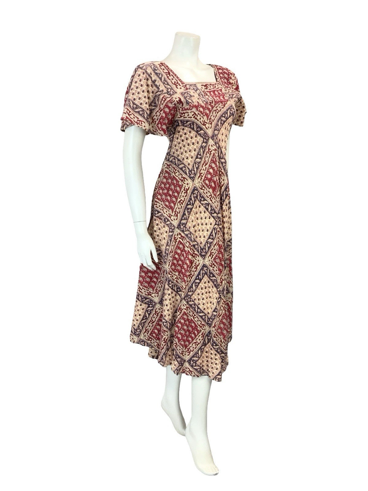 VTG 60S 70S CREAM BLUE RED BIRD FLORAL BOHO COTTON EMPIRE SMOCK FLARE DRESS 6