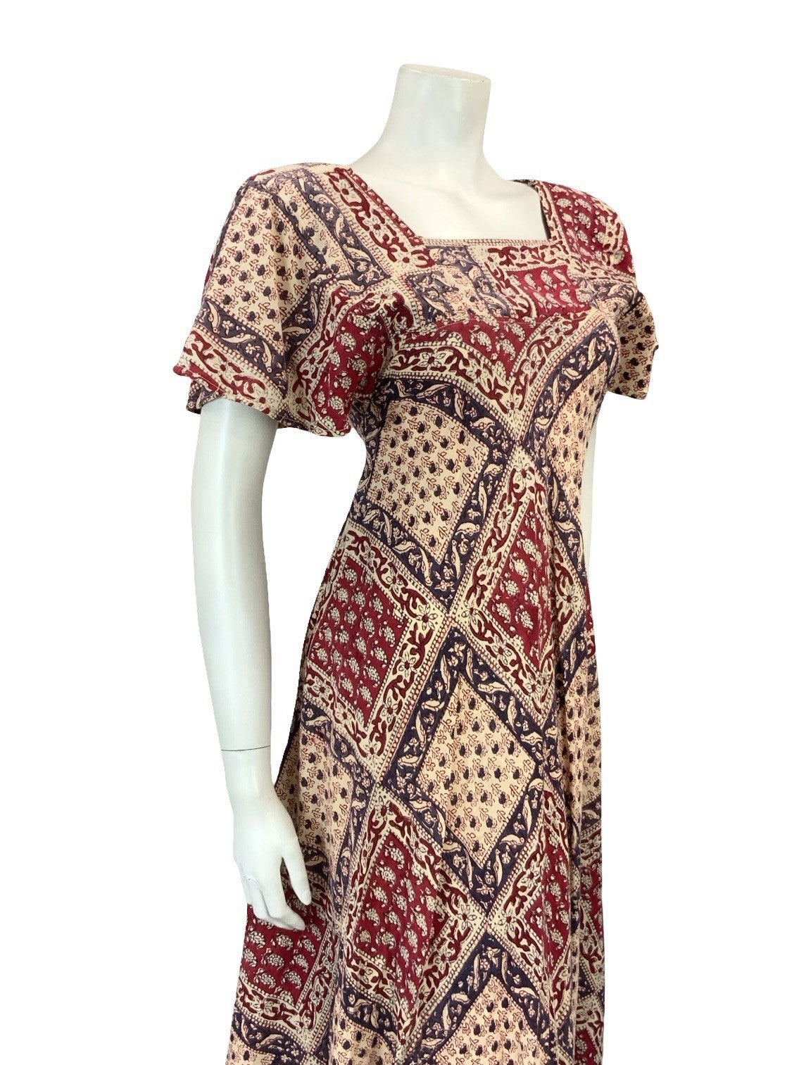 VTG 60S 70S CREAM BLUE RED BIRD FLORAL BOHO COTTON EMPIRE SMOCK FLARE DRESS 6
