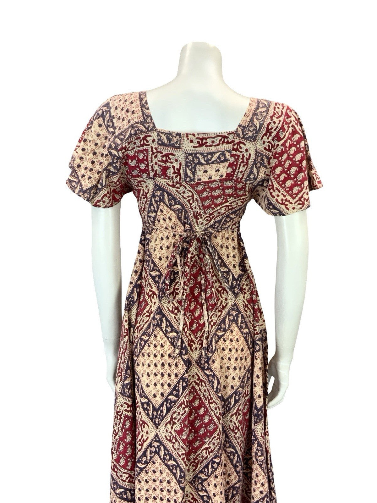 VTG 60S 70S CREAM BLUE RED BIRD FLORAL BOHO COTTON EMPIRE SMOCK FLARE DRESS 6