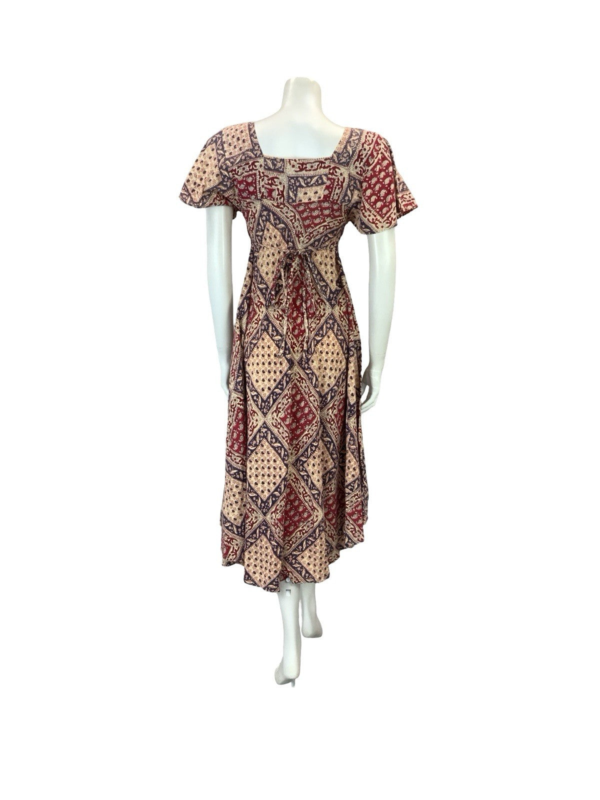 VTG 60S 70S CREAM BLUE RED BIRD FLORAL BOHO COTTON EMPIRE SMOCK FLARE DRESS 6