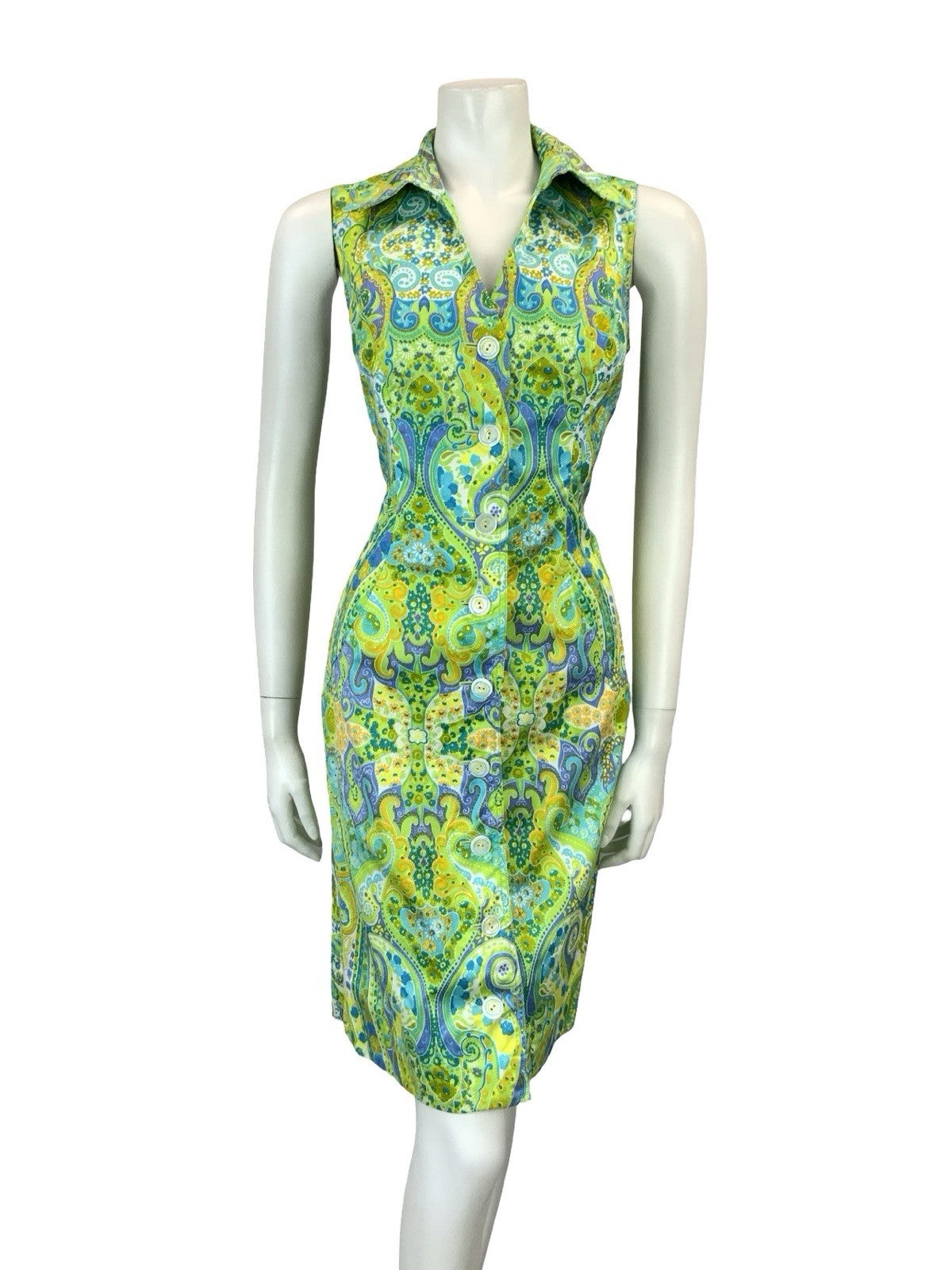 VTG 60S 70S GREEN BLUE WHITE PURPLE PSYCHEDELIC PAISLEY SHIRT DRESS 10