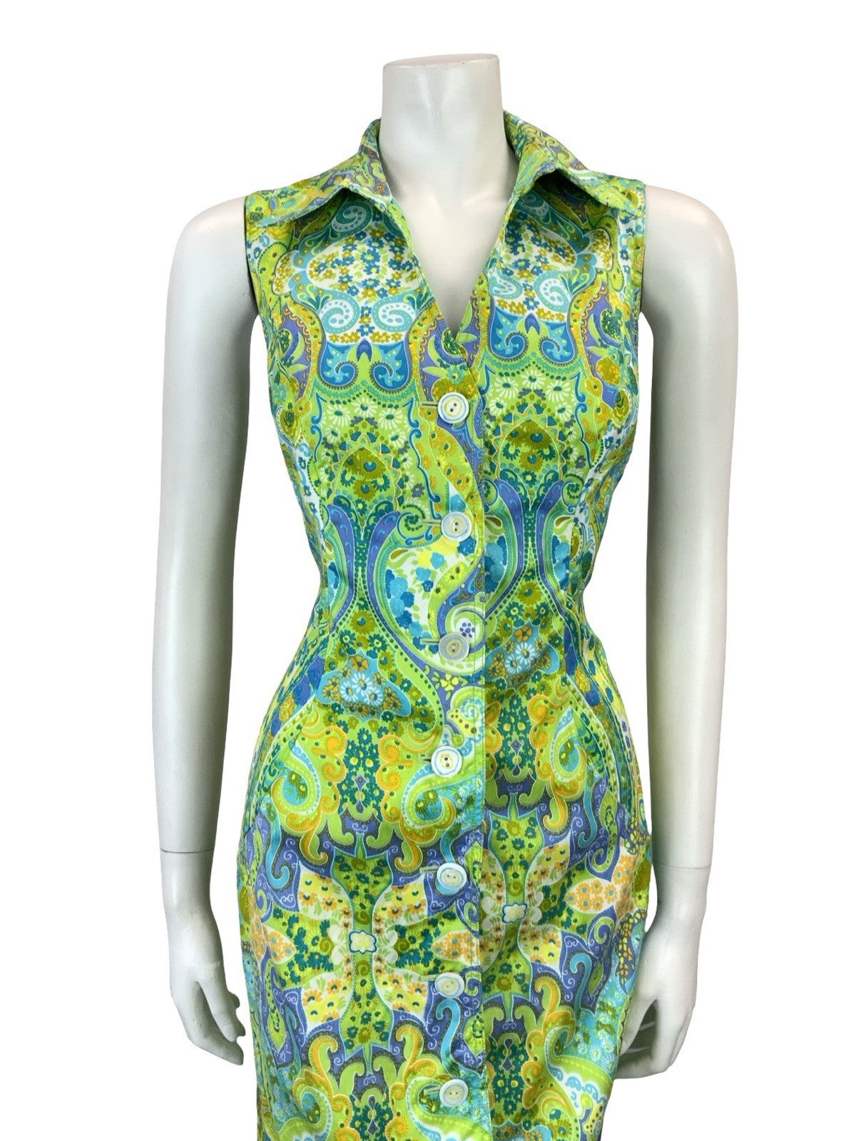 VTG 60S 70S GREEN BLUE WHITE PURPLE PSYCHEDELIC PAISLEY SHIRT DRESS 10