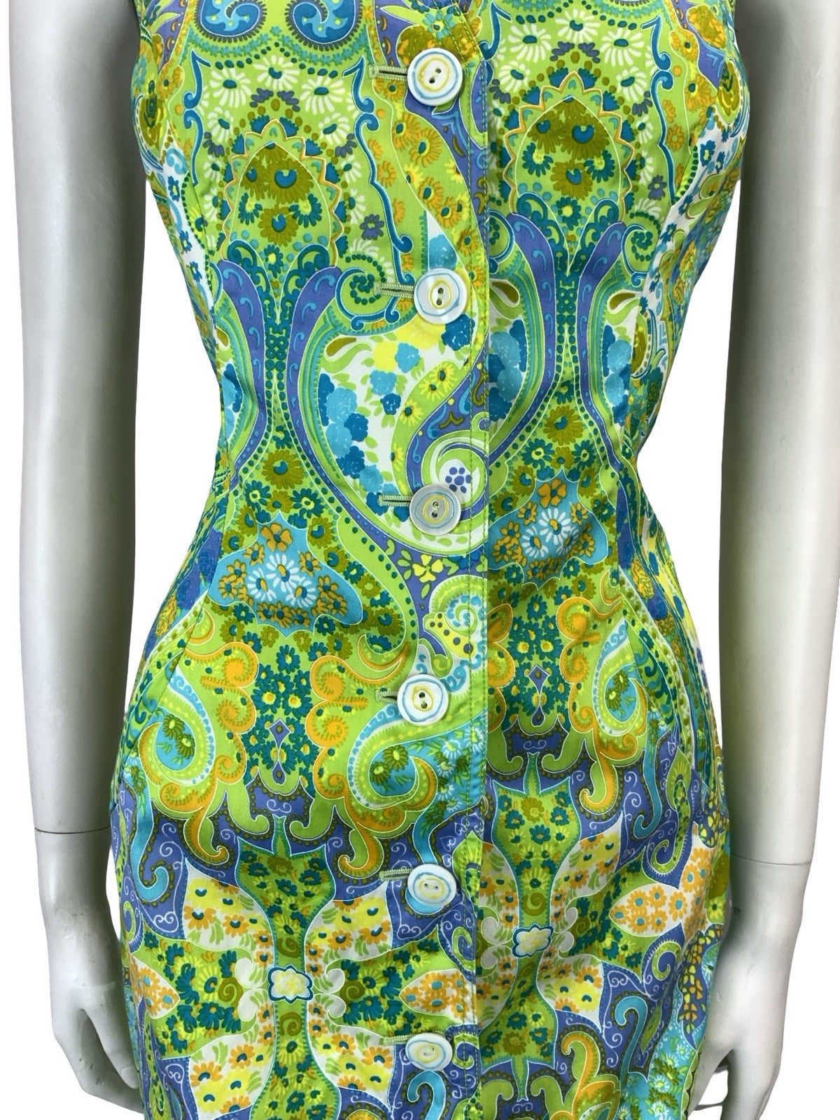 VTG 60S 70S GREEN BLUE WHITE PURPLE PSYCHEDELIC PAISLEY SHIRT DRESS 10