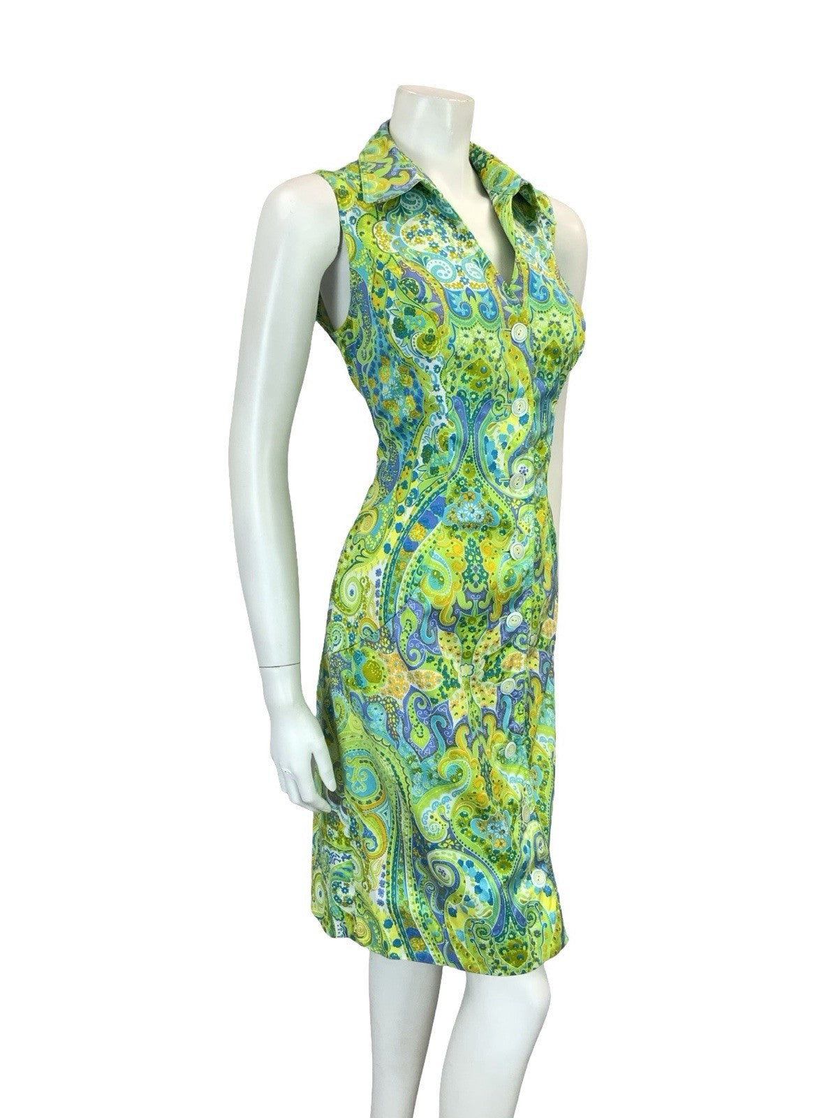 VTG 60S 70S GREEN BLUE WHITE PURPLE PSYCHEDELIC PAISLEY SHIRT DRESS 10