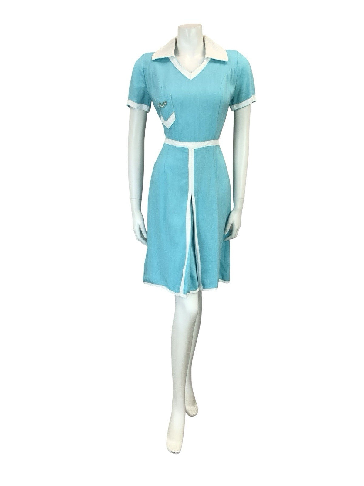 VTG 60S 70S MISS FERAUD COLOUR BLOCK BLUE WHITE SPORTY PLEAT SHIRT DRESS 8 6