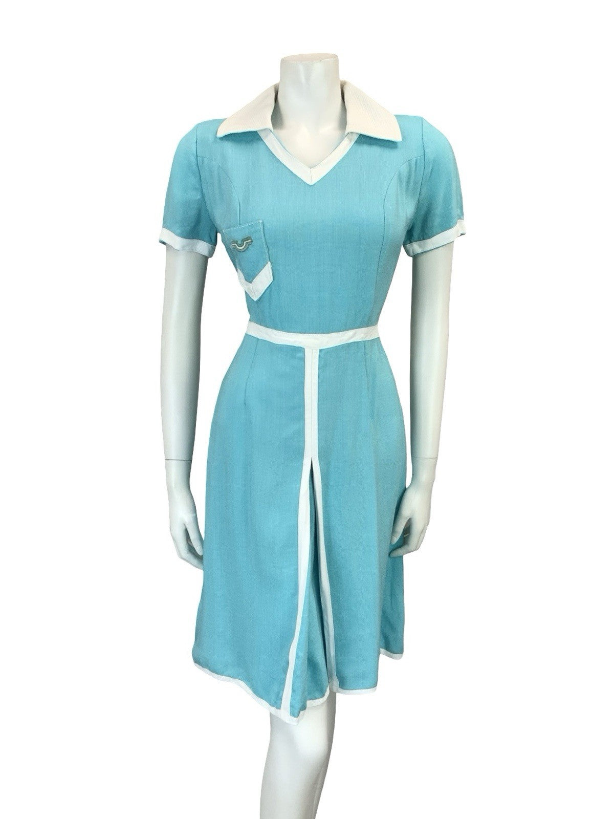 VTG 60S 70S MISS FERAUD COLOUR BLOCK BLUE WHITE SPORTY PLEAT SHIRT DRESS 8 6