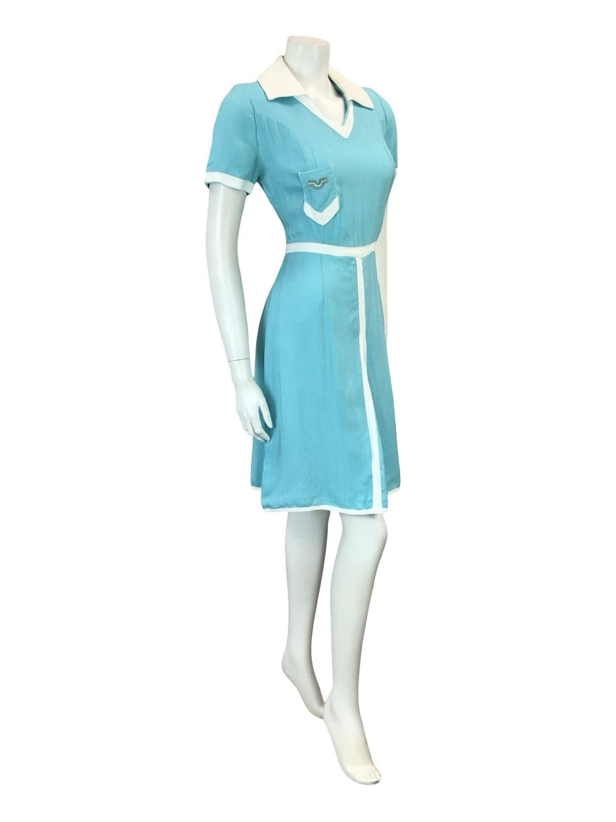 VTG 60S 70S MISS FERAUD COLOUR BLOCK BLUE WHITE SPORTY PLEAT SHIRT DRESS 8 6