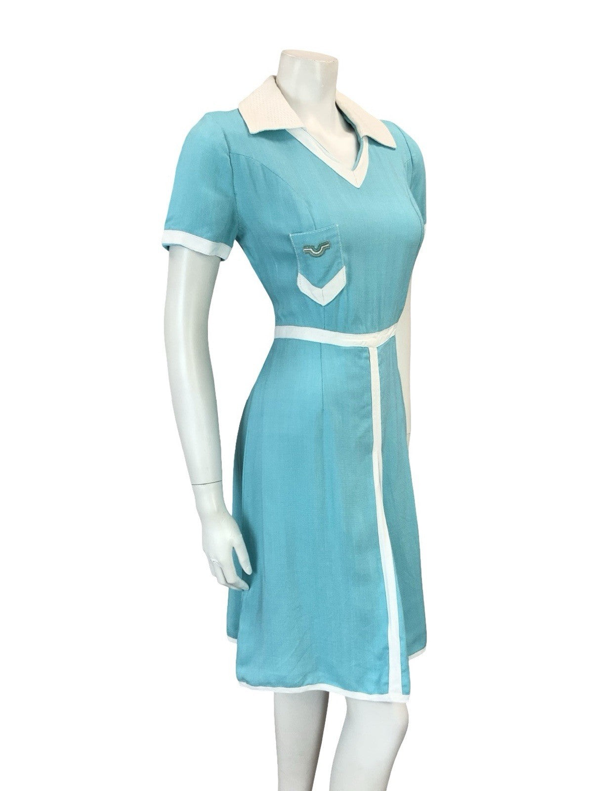 VTG 60S 70S MISS FERAUD COLOUR BLOCK BLUE WHITE SPORTY PLEAT SHIRT DRESS 8 6