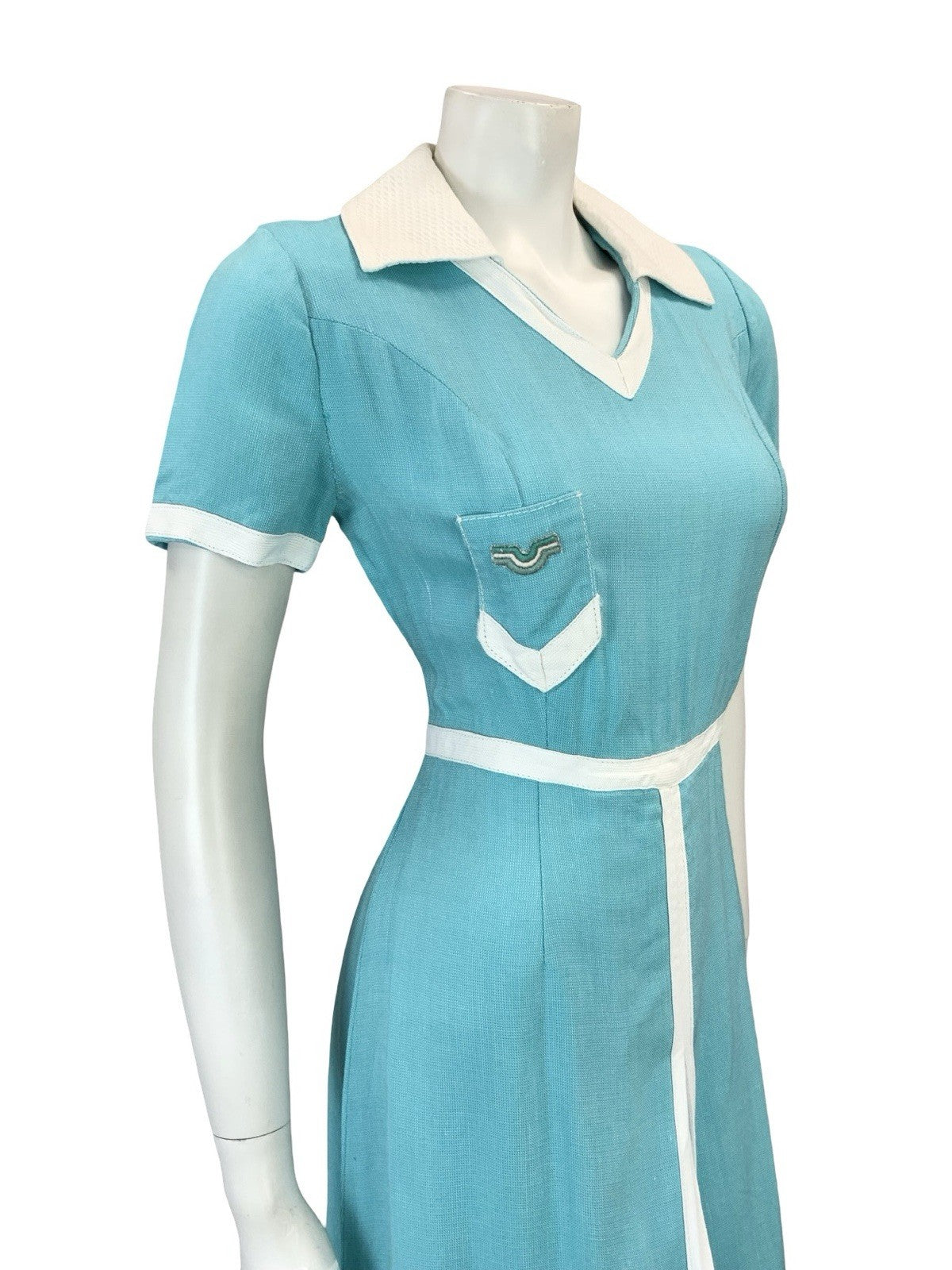 VTG 60S 70S MISS FERAUD COLOUR BLOCK BLUE WHITE SPORTY PLEAT SHIRT DRESS 8 6