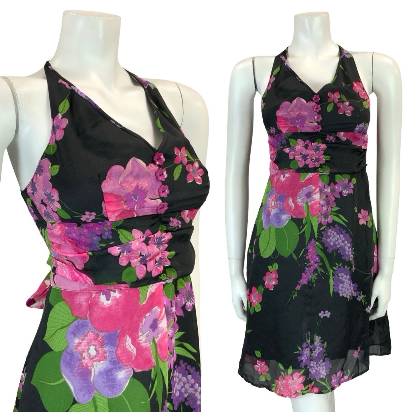 VTG 60S 70S BLACK PINK PURPLE GREEN HALTER NECK RUCHED TIE WAIST MINI DRESS 4
