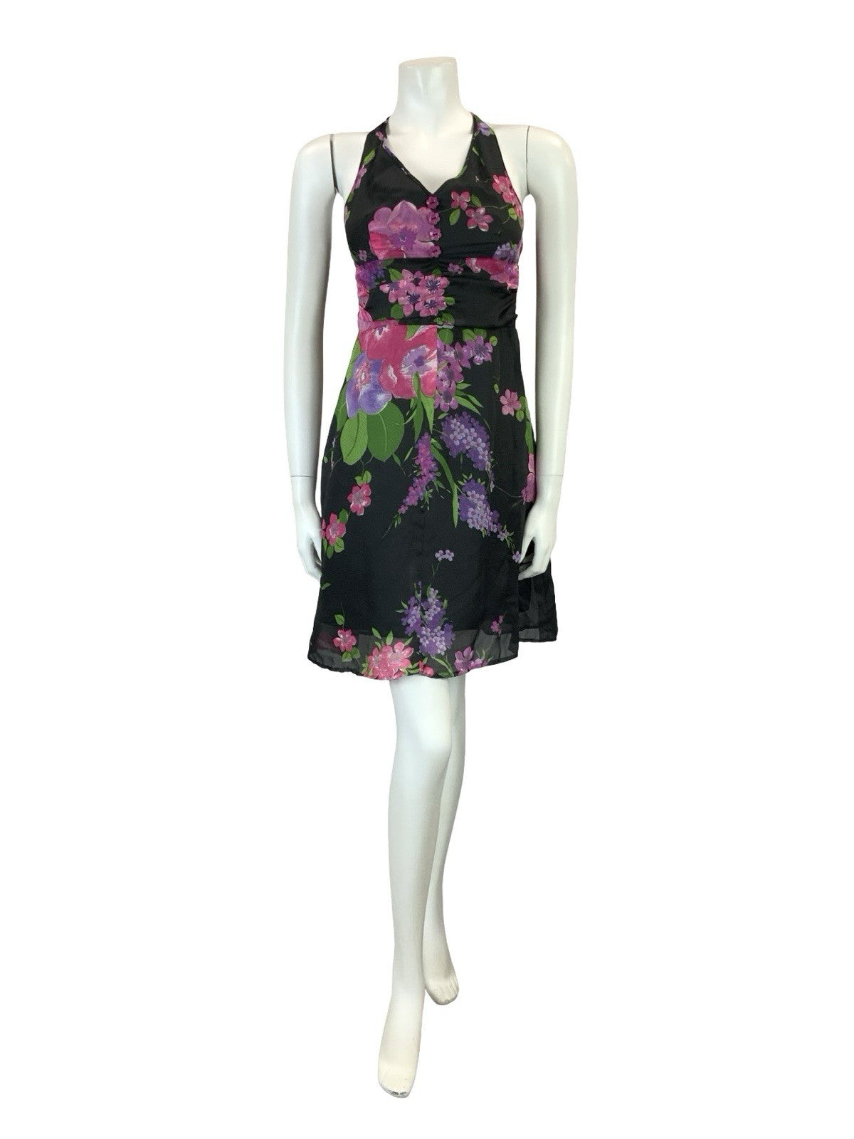 VTG 60S 70S BLACK PINK PURPLE GREEN HALTER NECK RUCHED TIE WAIST MINI DRESS 4
