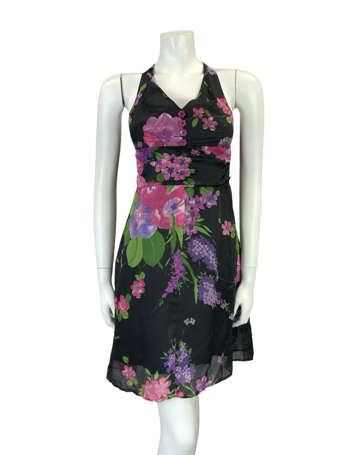 VTG 60S 70S BLACK PINK PURPLE GREEN HALTER NECK RUCHED TIE WAIST MINI DRESS 4