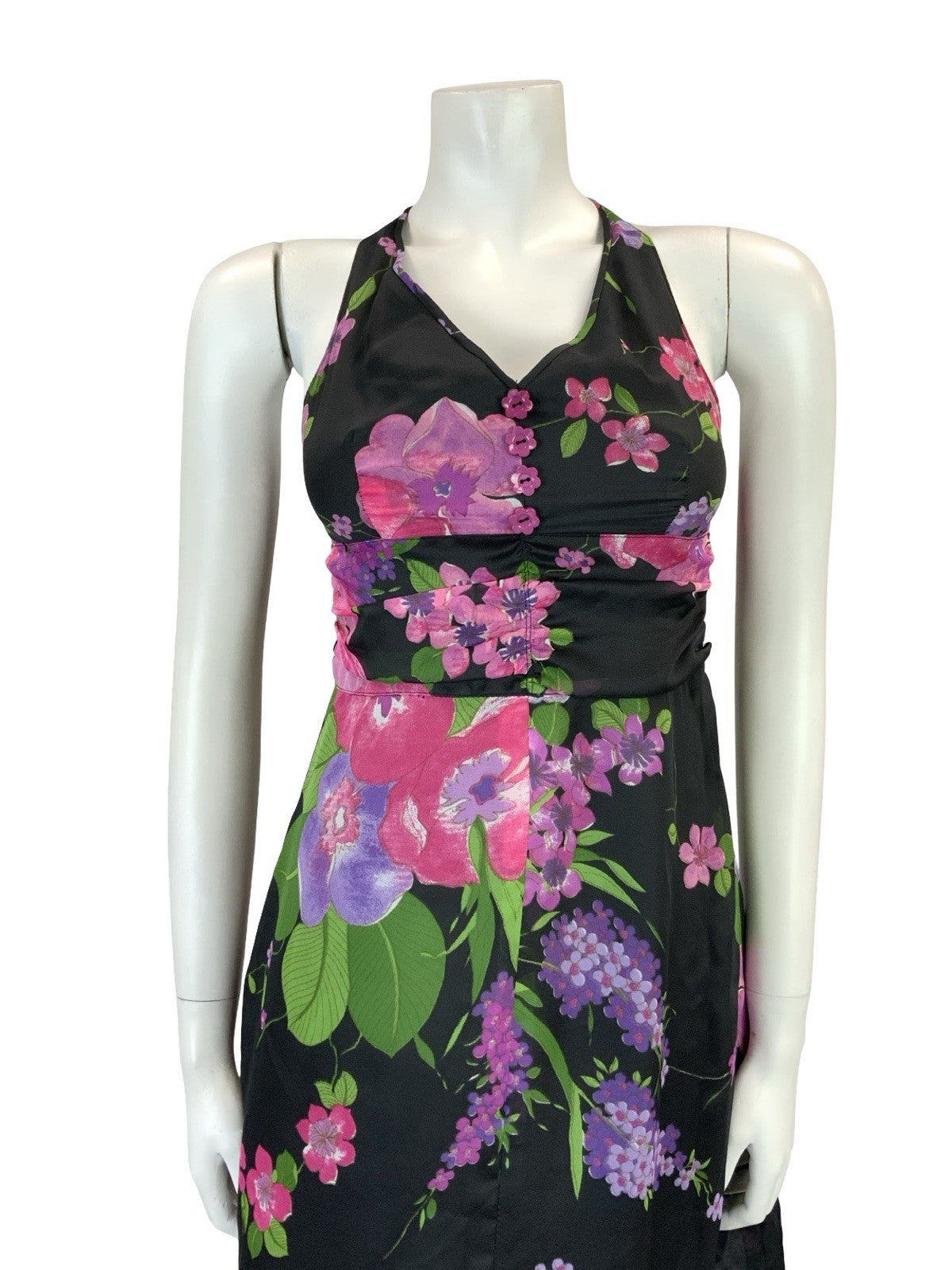 VTG 60S 70S BLACK PINK PURPLE GREEN HALTER NECK RUCHED TIE WAIST MINI DRESS 4