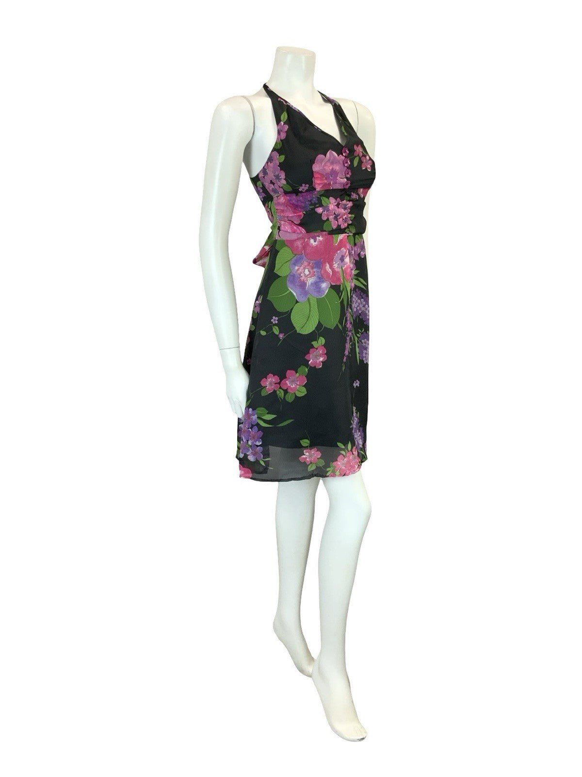 VTG 60S 70S BLACK PINK PURPLE GREEN HALTER NECK RUCHED TIE WAIST MINI DRESS 4