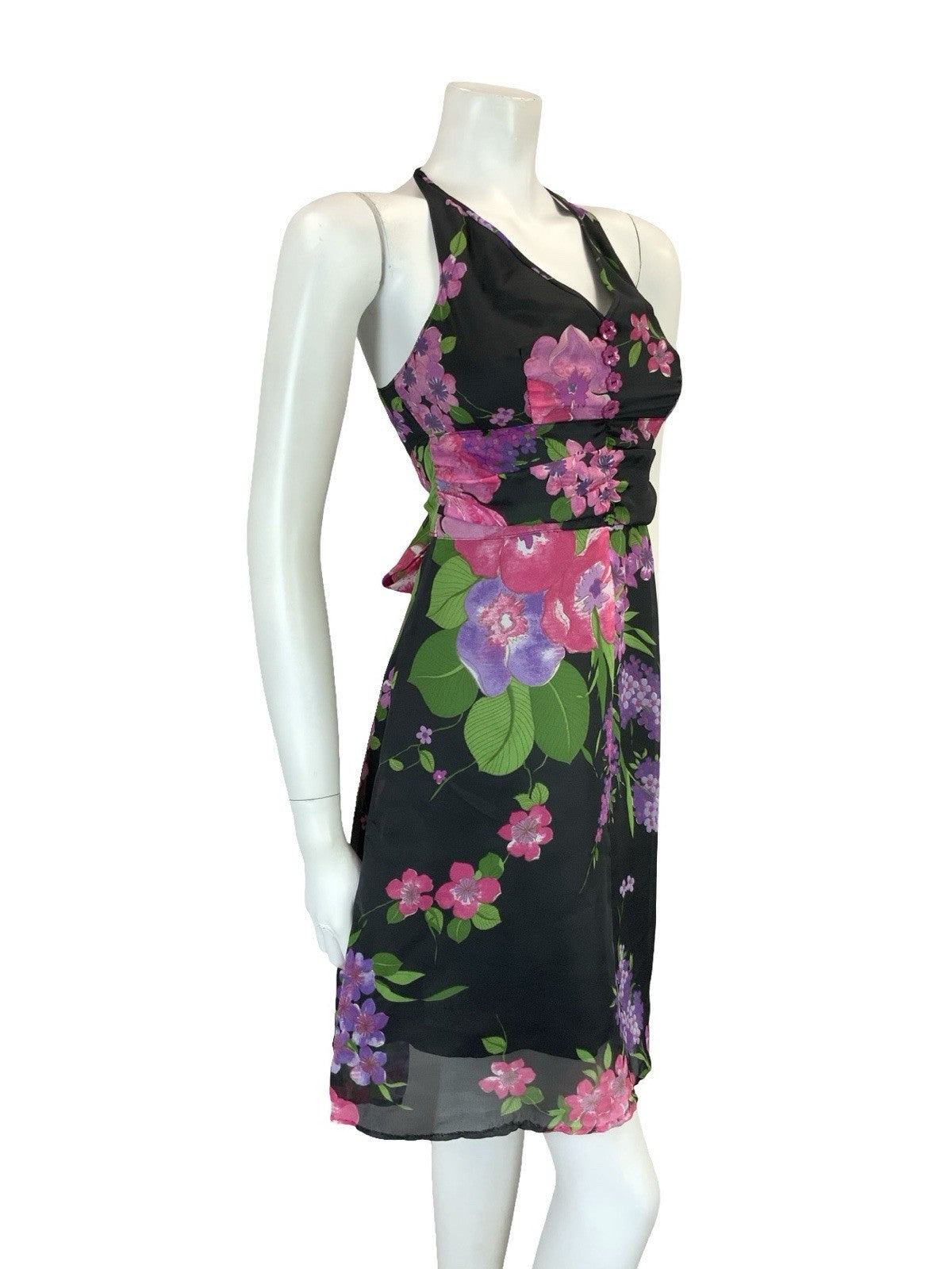 VTG 60S 70S BLACK PINK PURPLE GREEN HALTER NECK RUCHED TIE WAIST MINI DRESS 4
