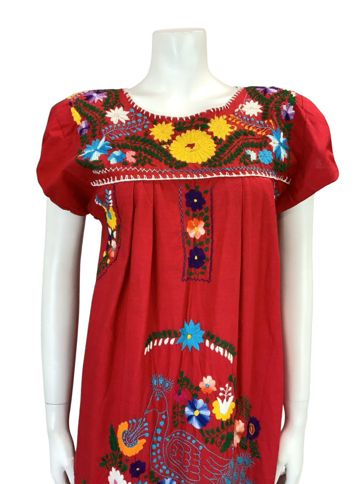 VTG 60S 70S RED BLUE GREEN YELLOW MEXICAN FOLK FLORAL EMBROIDERY DRESS 10