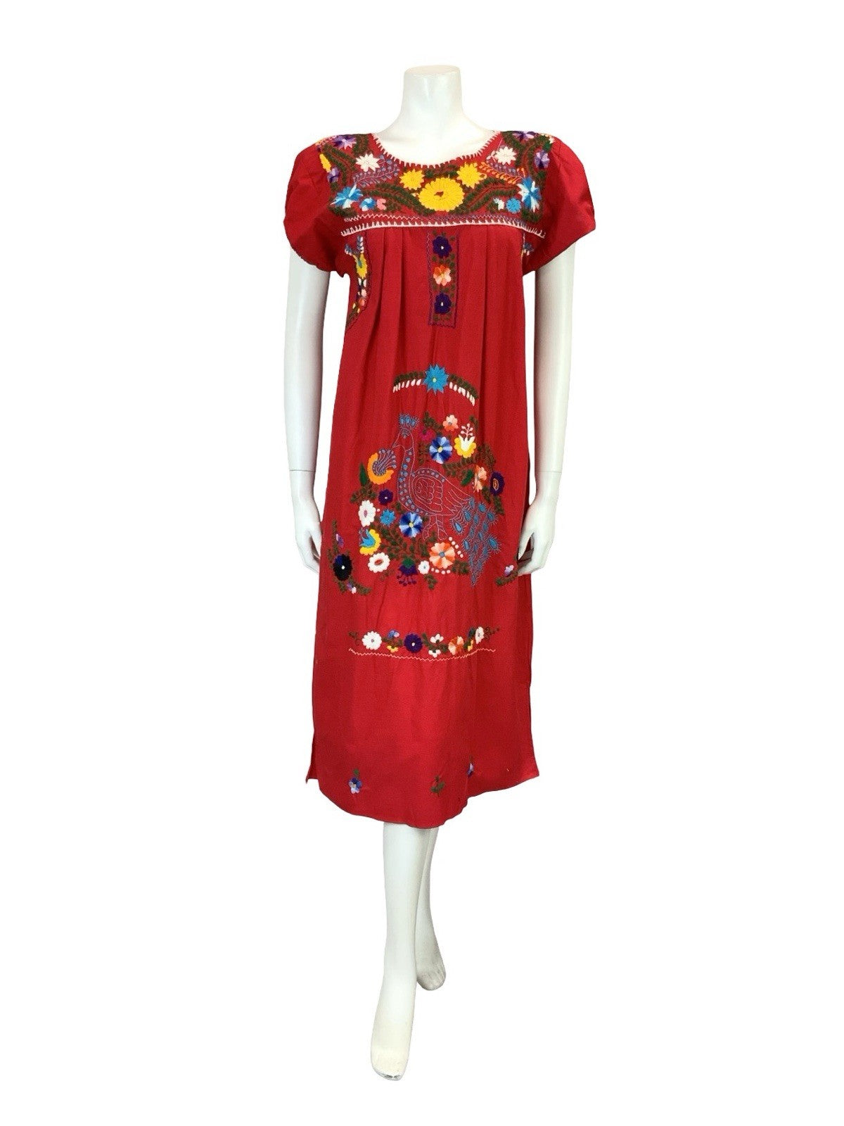 VTG 60S 70S RED BLUE GREEN YELLOW MEXICAN FOLK FLORAL EMBROIDERY DRESS 10