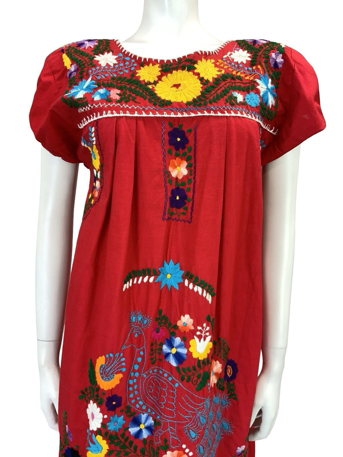 VTG 60S 70S RED BLUE GREEN YELLOW MEXICAN FOLK FLORAL EMBROIDERY DRESS 10