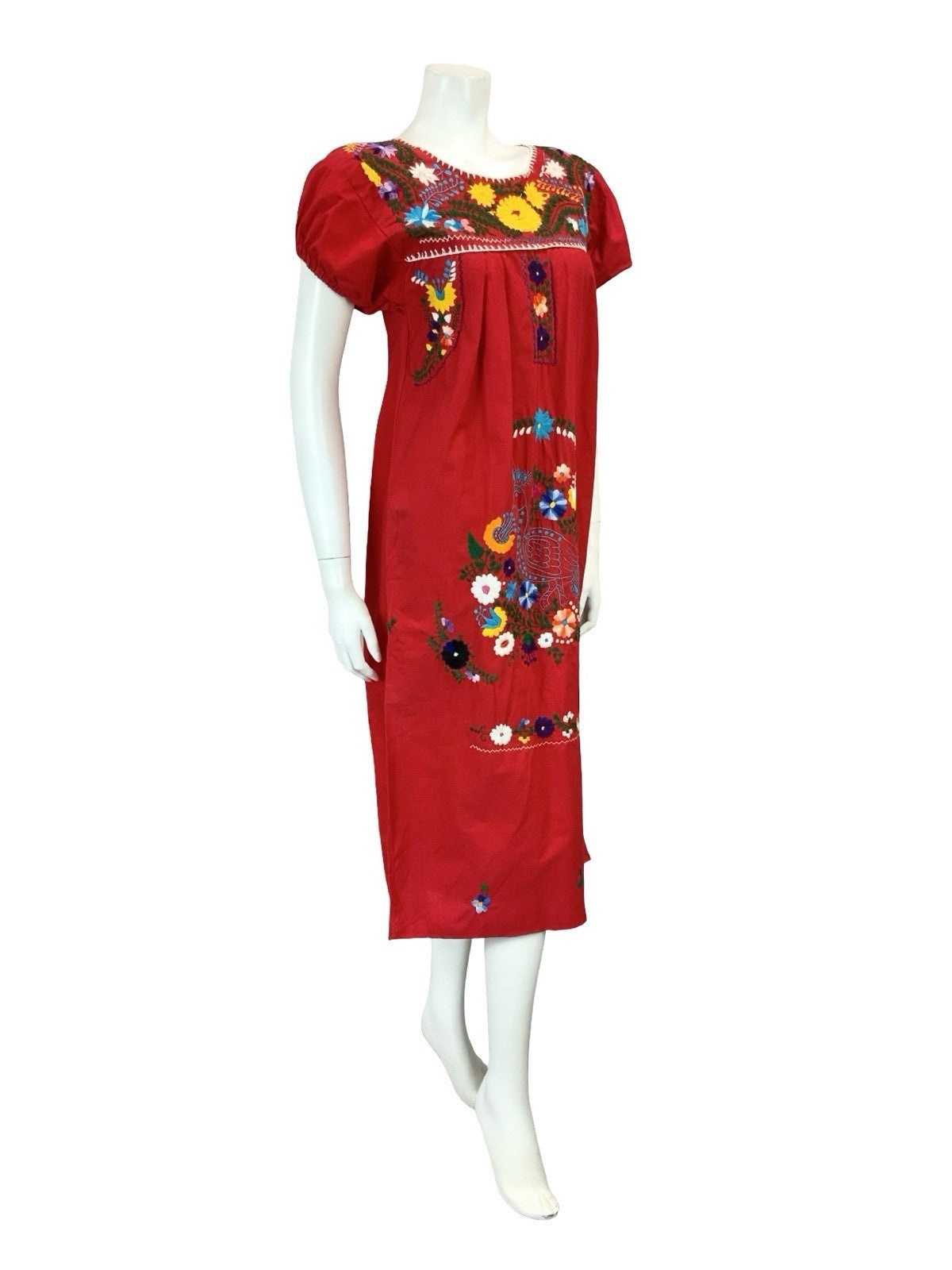 VTG 60S 70S RED BLUE GREEN YELLOW MEXICAN FOLK FLORAL EMBROIDERY DRESS 10