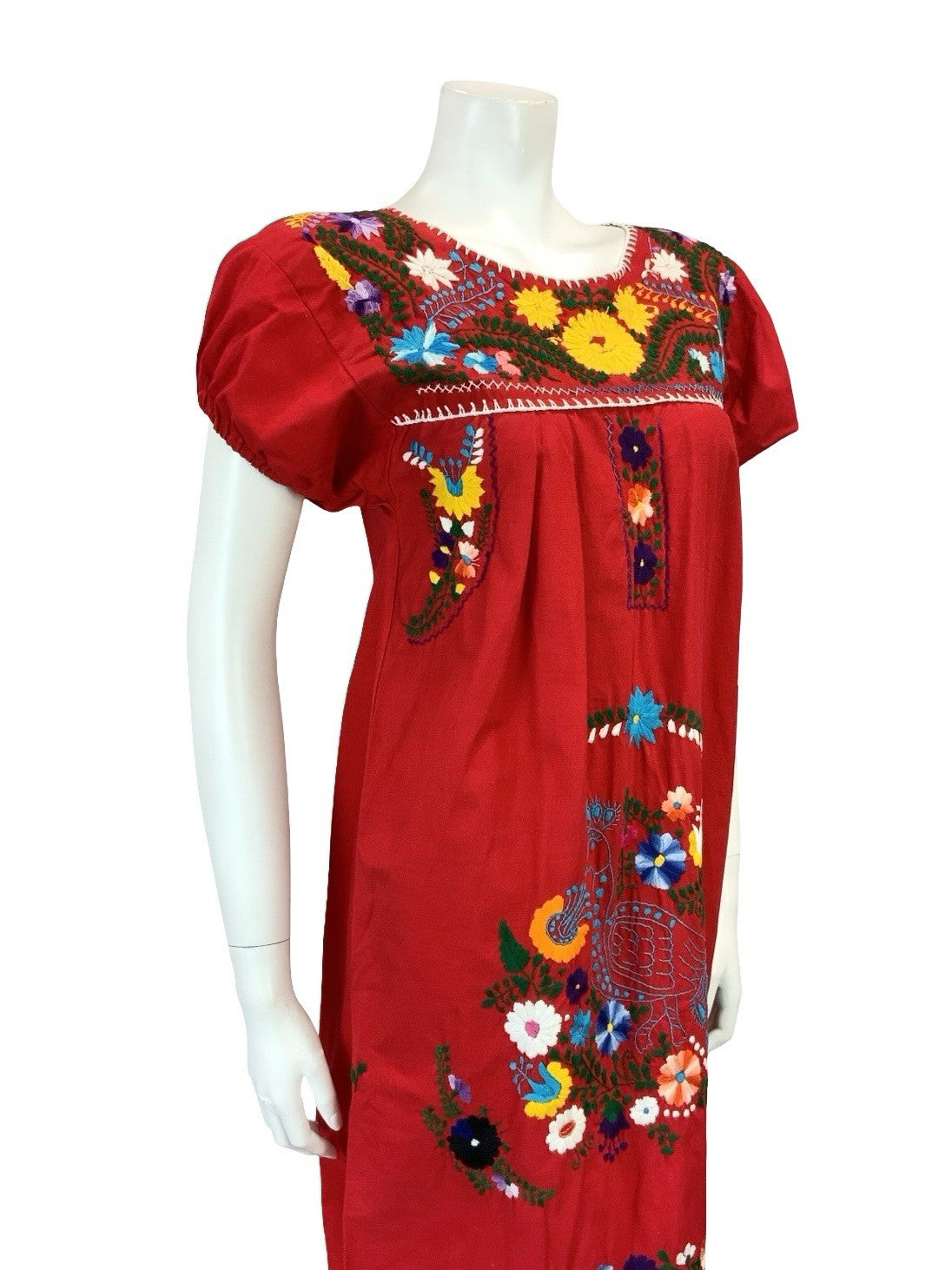 VTG 60S 70S RED BLUE GREEN YELLOW MEXICAN FOLK FLORAL EMBROIDERY DRESS 10