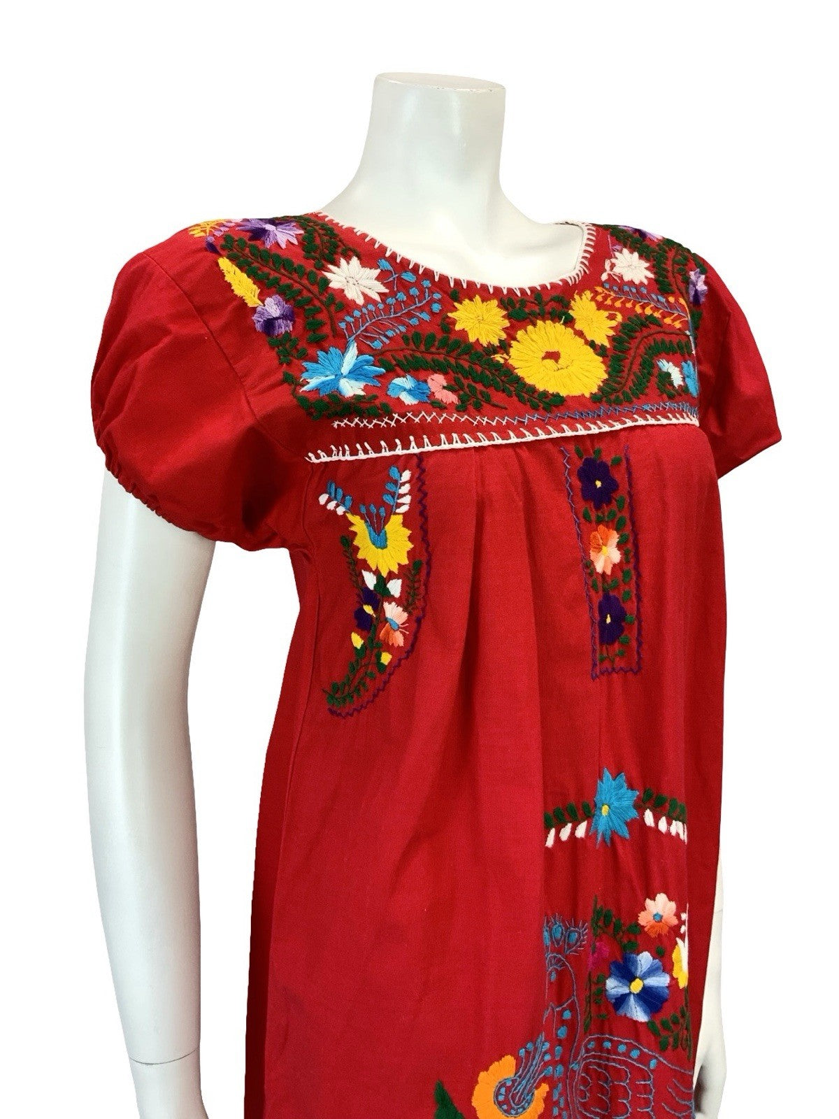 VTG 60S 70S RED BLUE GREEN YELLOW MEXICAN FOLK FLORAL EMBROIDERY DRESS 10