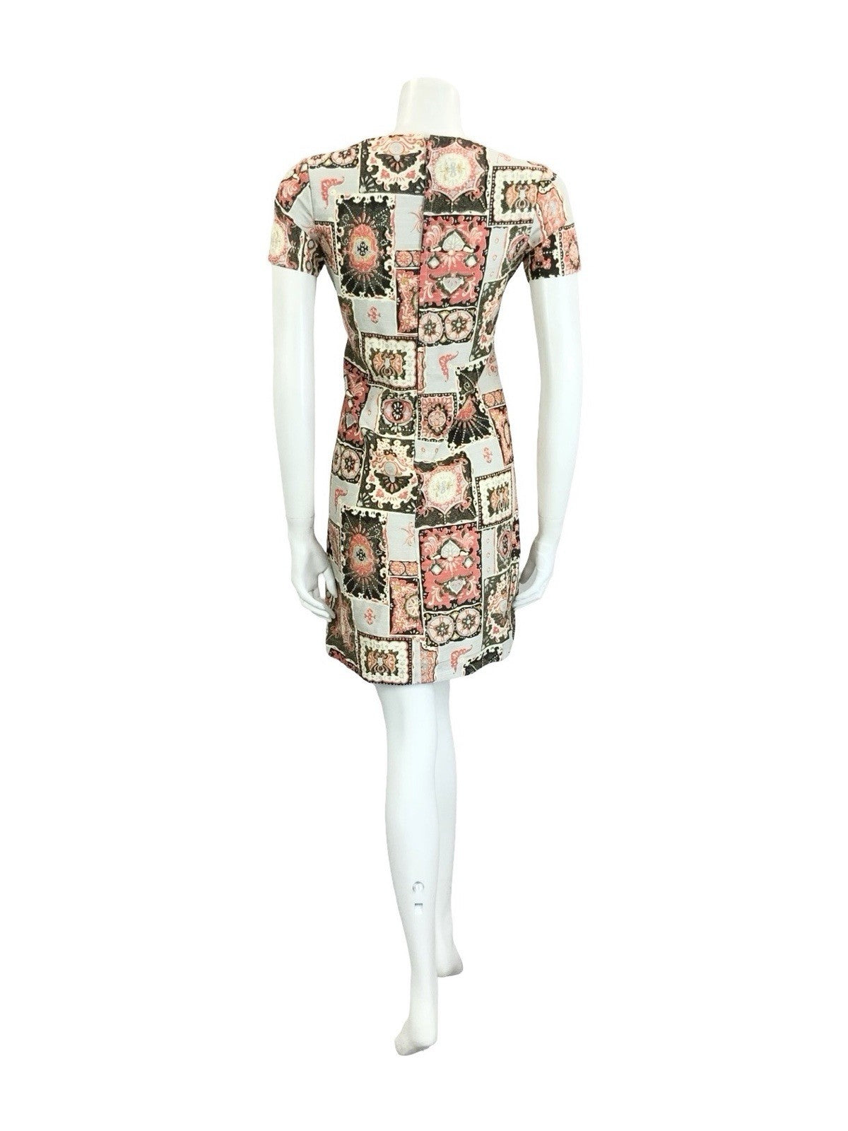 VTG 60S 70S BLACK GREY RED CREAM BAROQUE TILE MOD GEOMETRIC SHIFT V NECK DRESS 8