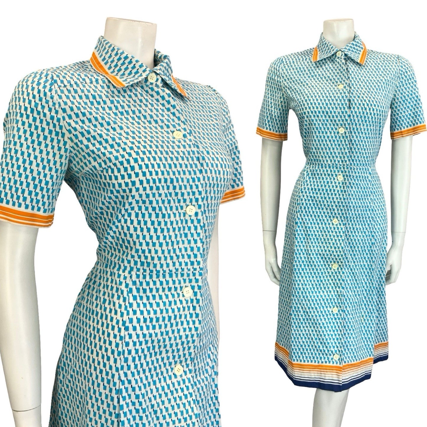 VTG 60S 70S BLUE WHITE ORANGE GEOMETRIC DAGGER BUTTON DOWN SHIRT DRESS 10