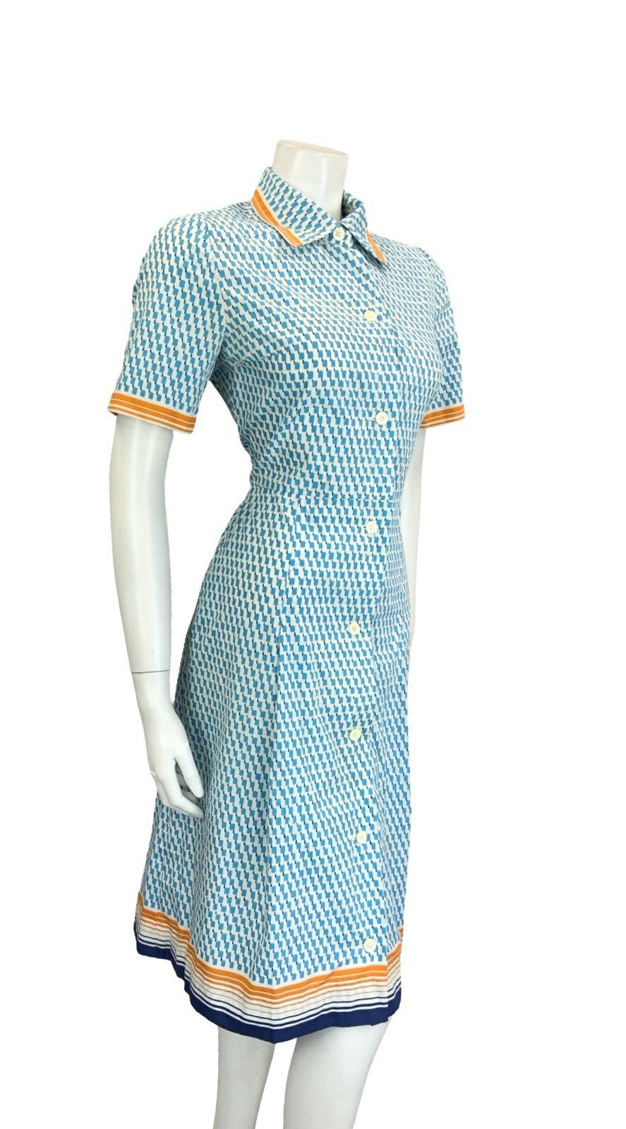 VTG 60S 70S BLUE WHITE ORANGE GEOMETRIC DAGGER BUTTON DOWN SHIRT DRESS 10