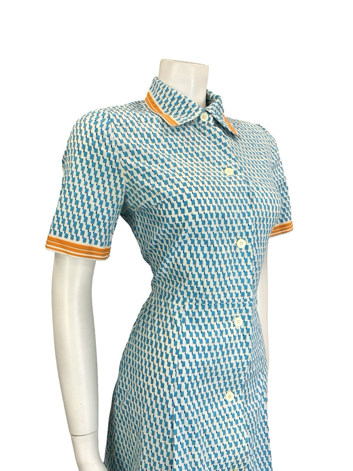 VTG 60S 70S BLUE WHITE ORANGE GEOMETRIC DAGGER BUTTON DOWN SHIRT DRESS 10