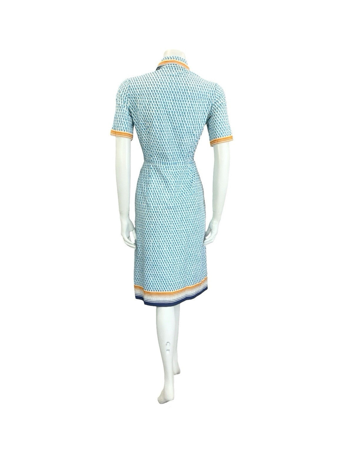 VTG 60S 70S BLUE WHITE ORANGE GEOMETRIC DAGGER BUTTON DOWN SHIRT DRESS 10
