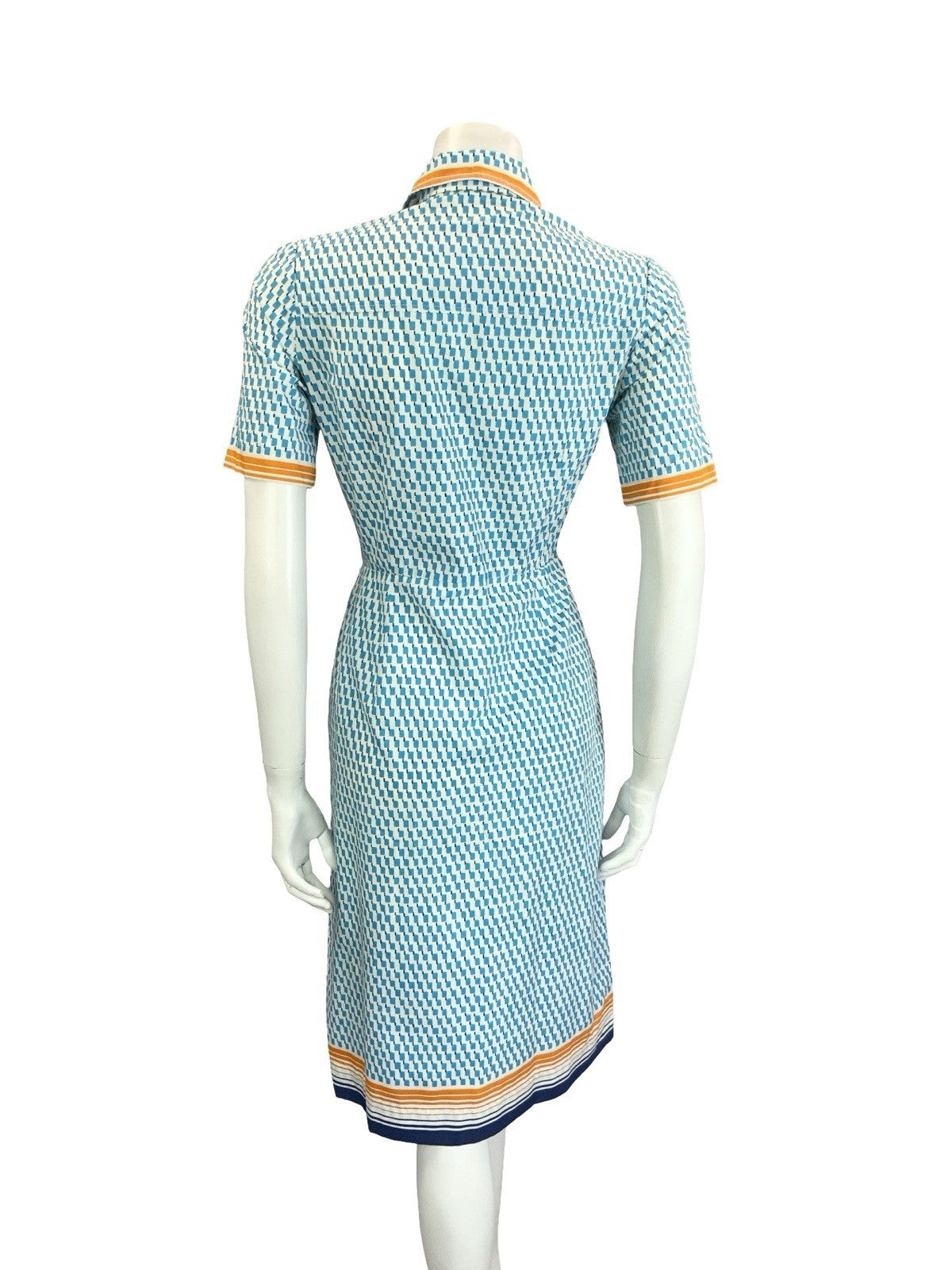 VTG 60S 70S BLUE WHITE ORANGE GEOMETRIC DAGGER BUTTON DOWN SHIRT DRESS 10