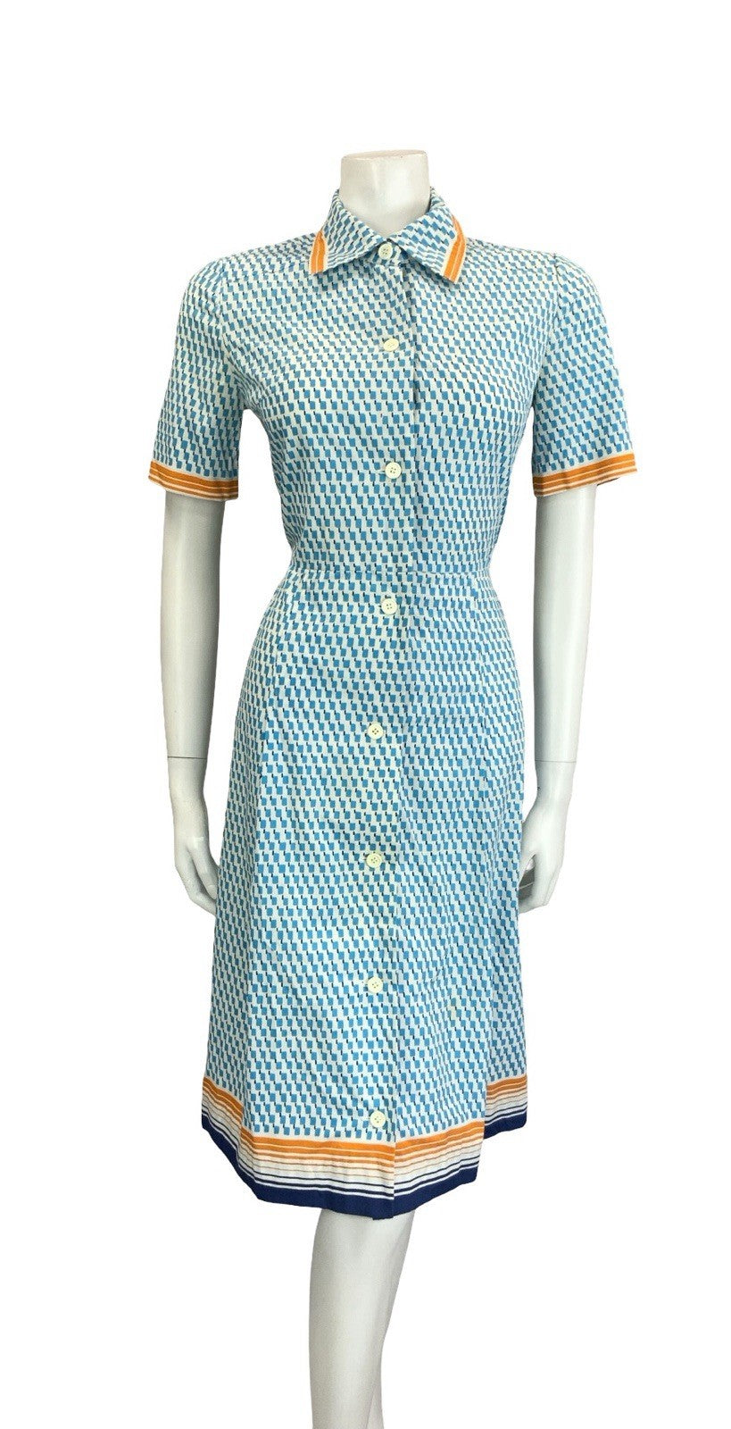 VTG 60S 70S BLUE WHITE ORANGE GEOMETRIC DAGGER BUTTON DOWN SHIRT DRESS 10