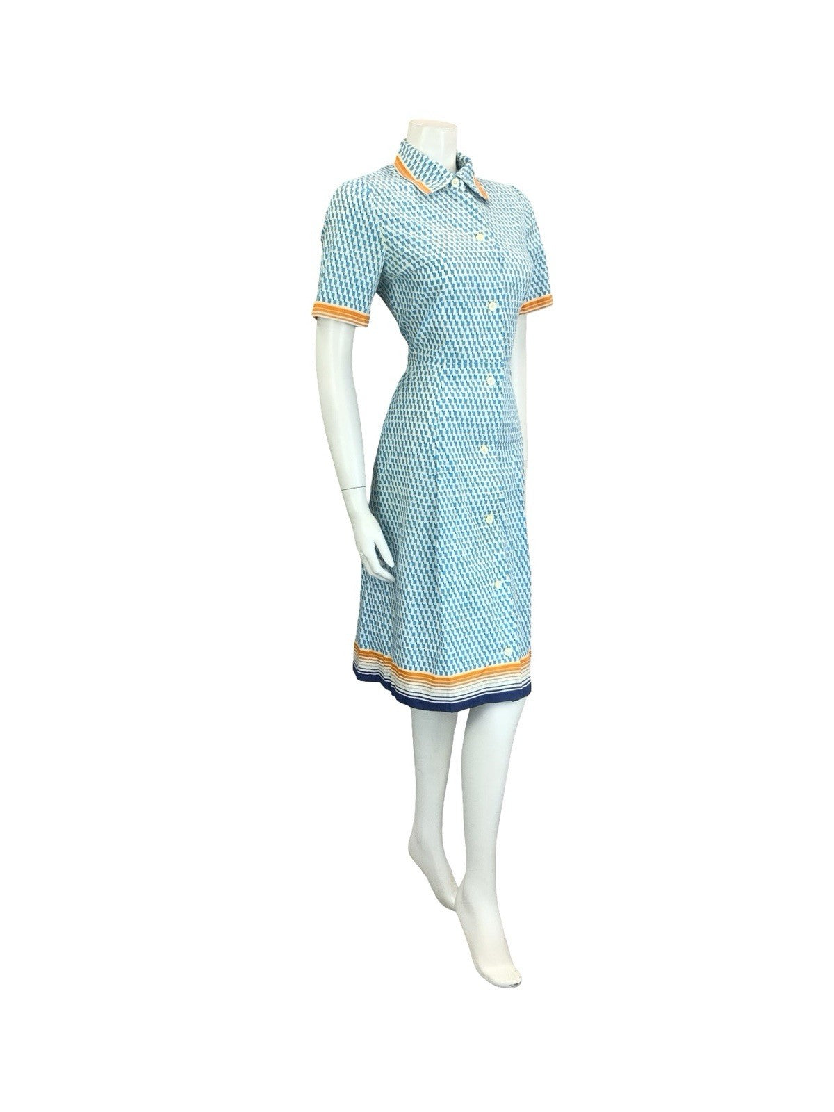 VTG 60S 70S BLUE WHITE ORANGE GEOMETRIC DAGGER BUTTON DOWN SHIRT DRESS 10
