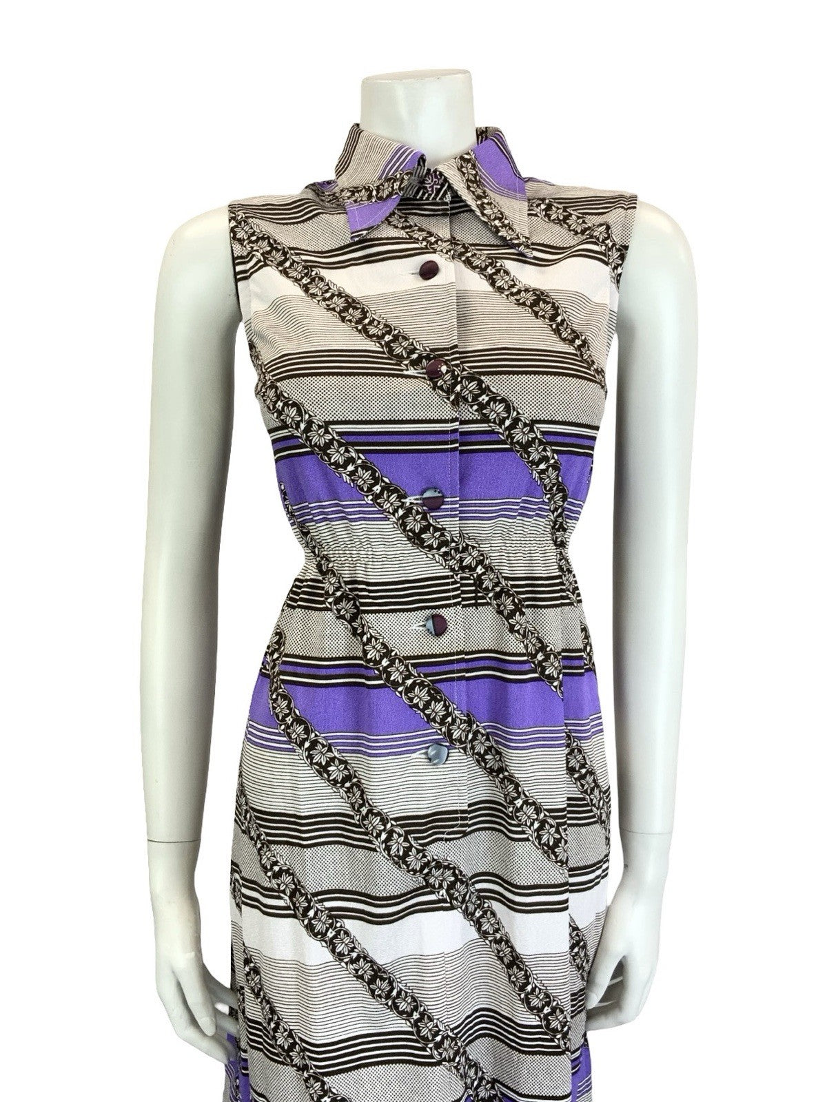 VTG 60S 70S WHITE BLACK PURPLE GEOMETRIC STRIPE DAGGER COLLAR SHIRT DRESS 8