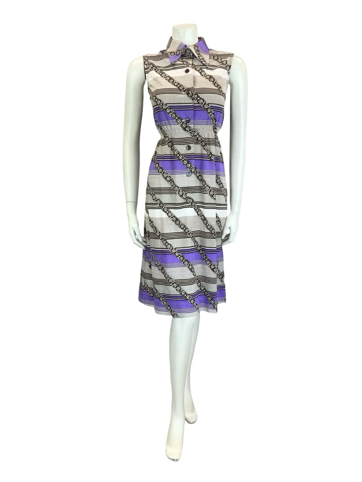 VTG 60S 70S WHITE BLACK PURPLE GEOMETRIC STRIPE DAGGER COLLAR SHIRT DRESS 8