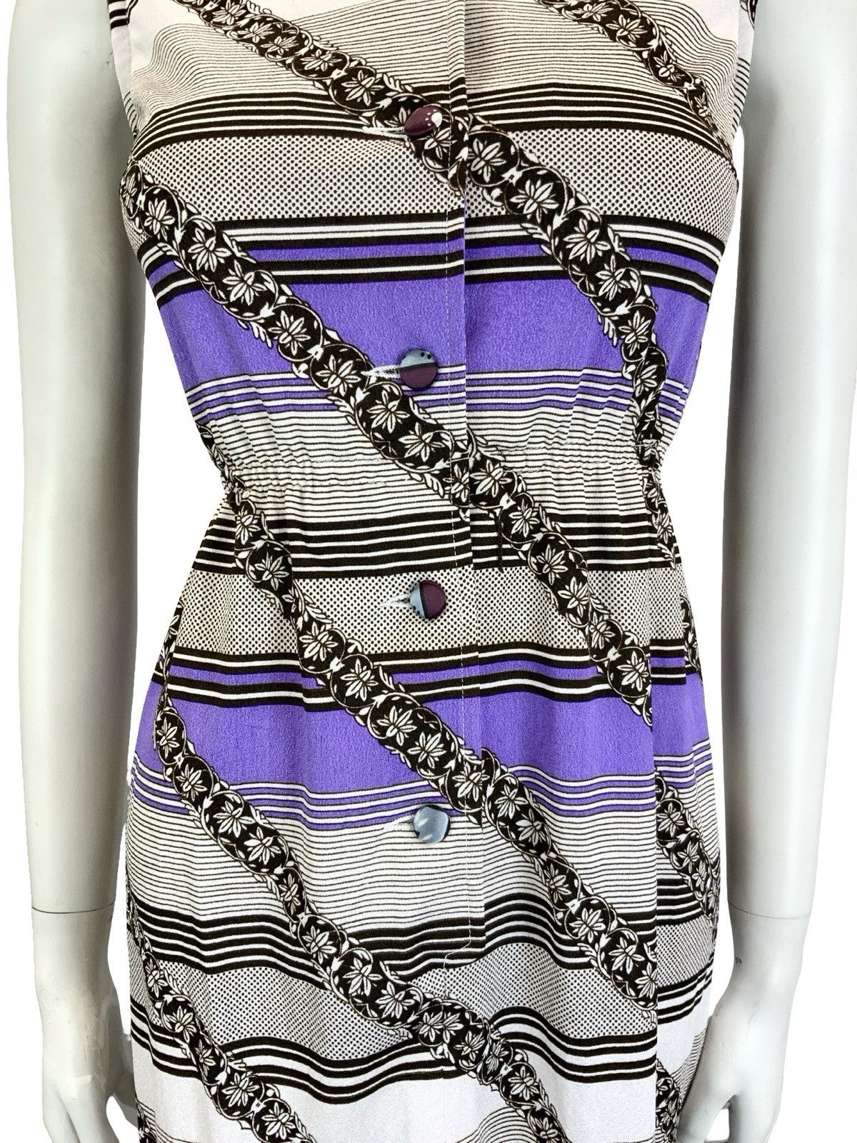 VTG 60S 70S WHITE BLACK PURPLE GEOMETRIC STRIPE DAGGER COLLAR SHIRT DRESS 8